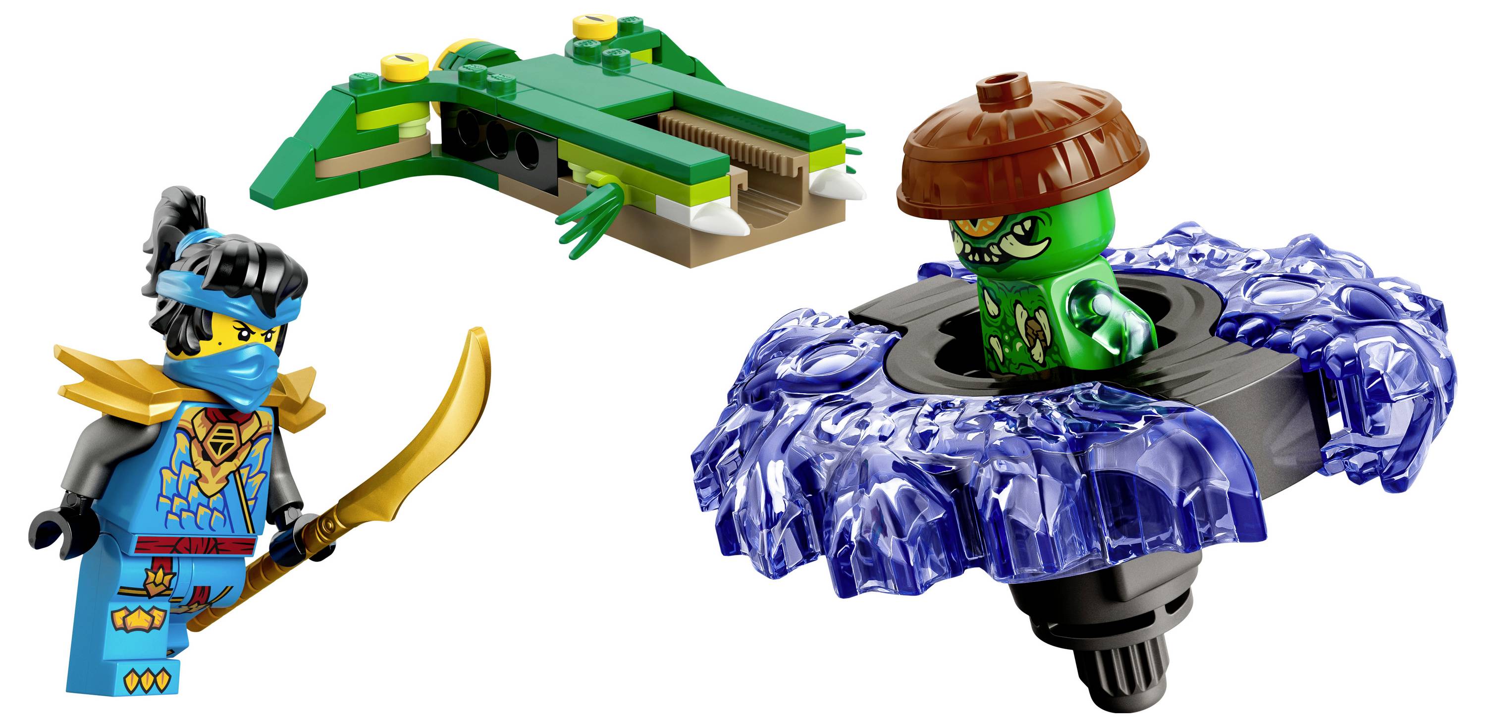 Eine Ninja-Actionfigur mit einem Schwert, ein sich drehendes Top mit einer Figur im Inneren und ein Spielzeugkrokodil, die eine spielerische Kampfszene darstellen.