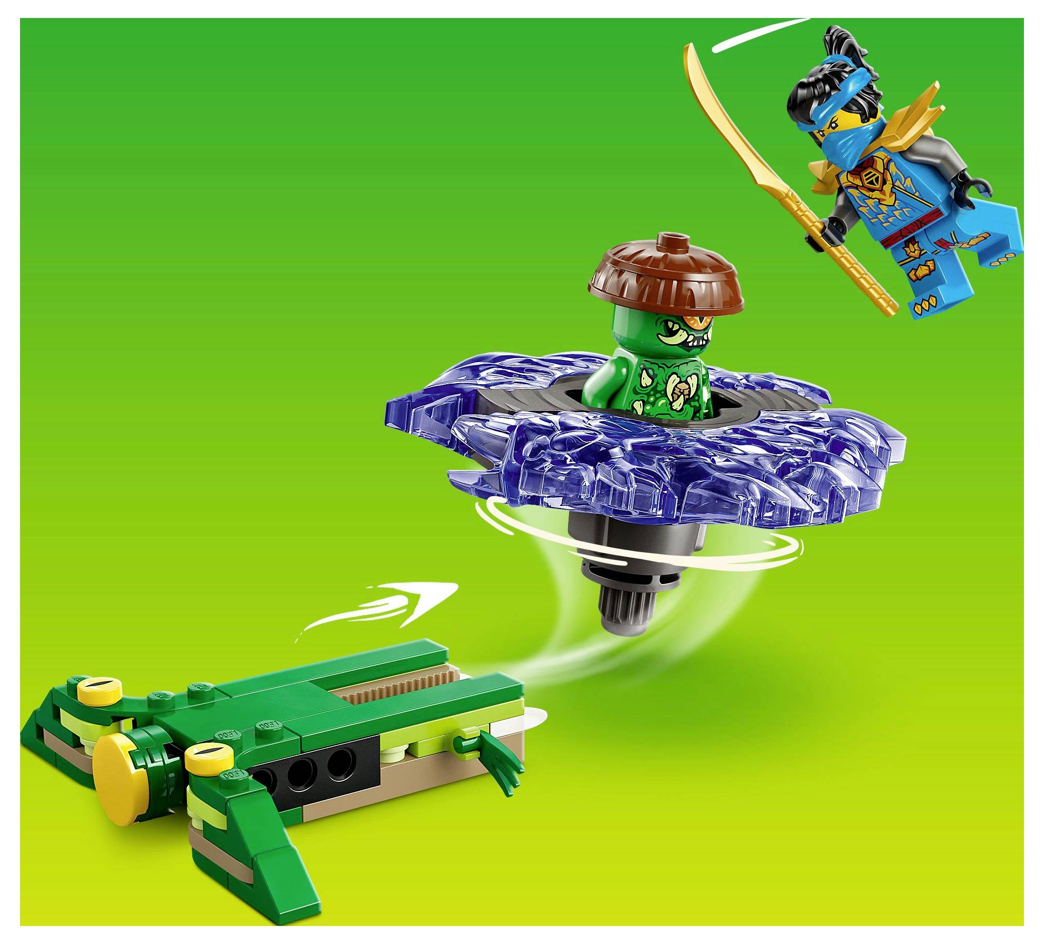 Zwei Actionfiguren, eine in Blau und eine in Grün, scheinen auf einem lebhaften grünen Hintergrund zu kämpfen. Die blaue Figur springt mit einem Schwert, während die grüne auf einer sich drehenden Scheibe reitet.