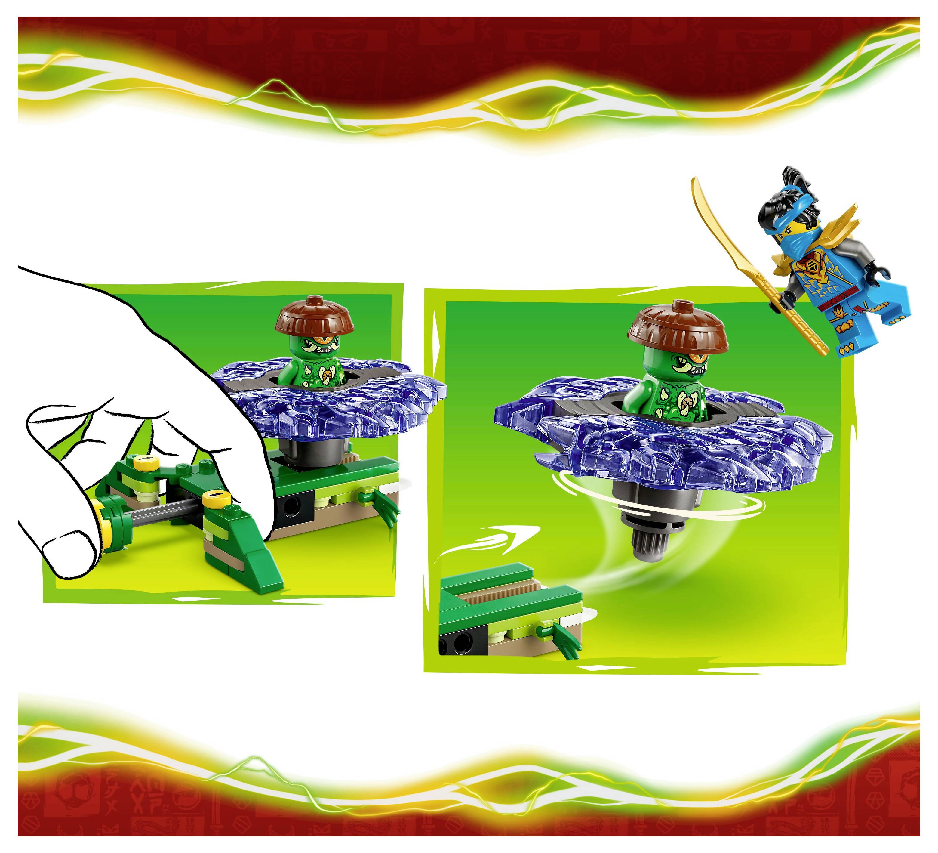 Ein buntes Spielzeugset mit einem Kreisel, in dem sich eine kleine Figur befindet. Ein separates Bild zeigt eine Hand, die das Spielzeug zusammenbaut.