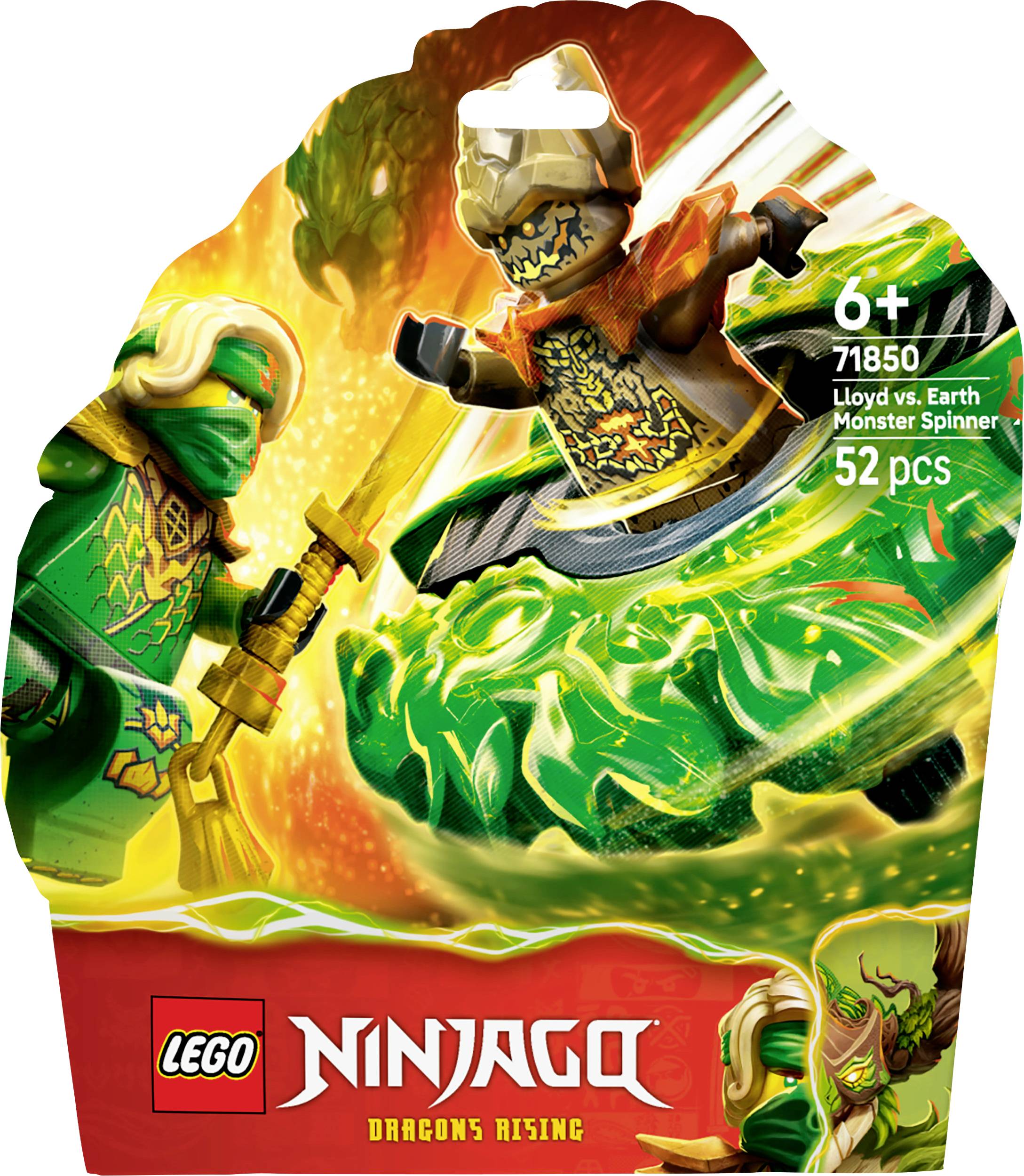 'Lego Ninjago Dragons Rising' Set-Verpackung, die Lloyd zeigt, wie er gegen einen Erd-Monster-Spinner kämpft. Alter 6+, Set-Nummer 71850, 52 Teile.