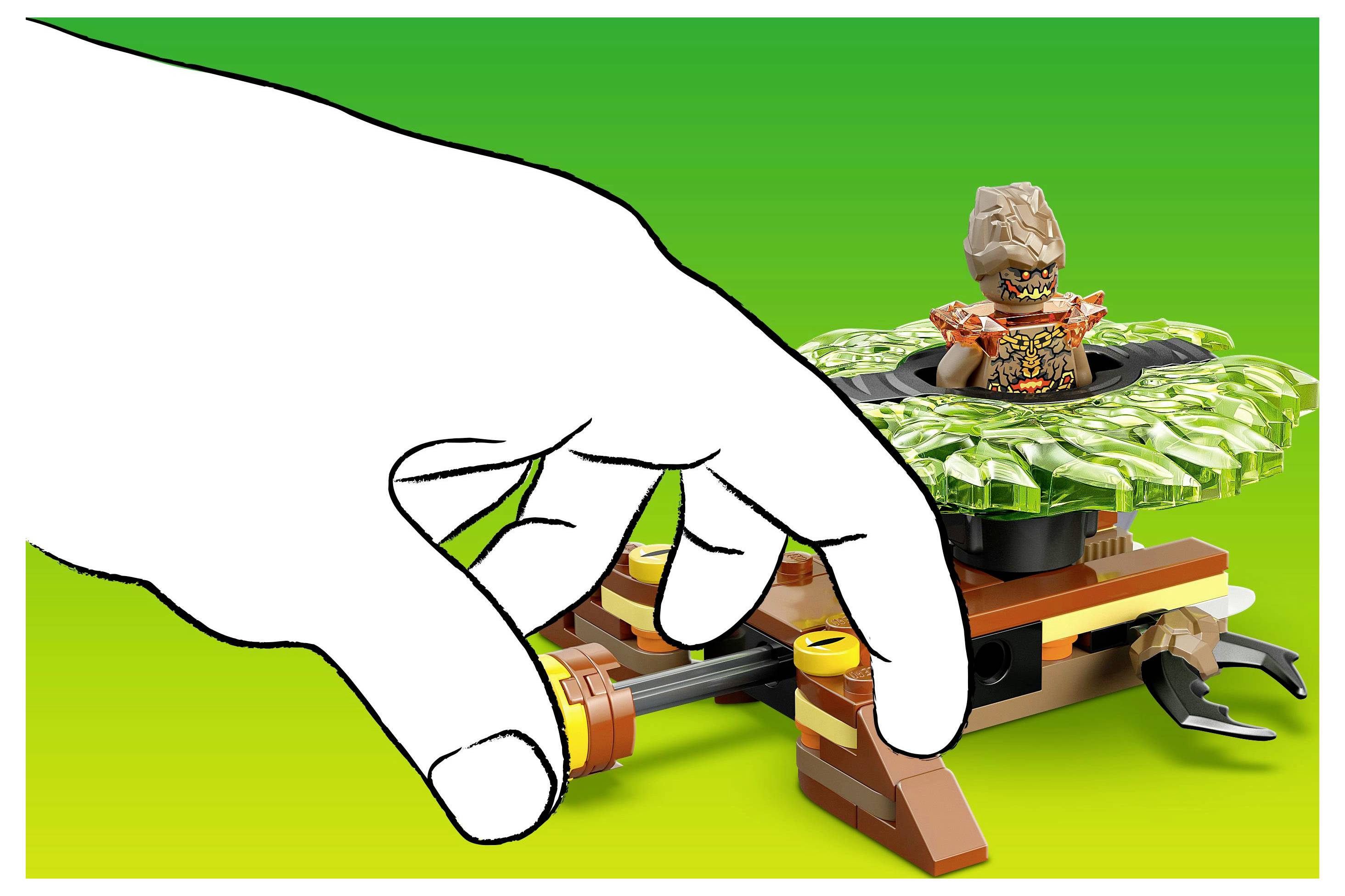 Eine Hand betätigt einen Mechanismus eines LEGO Jurassic World Spielsets mit einem sich drehenden T. rex und verlässt ihn vor einem grünen Verlaufshintergrund.