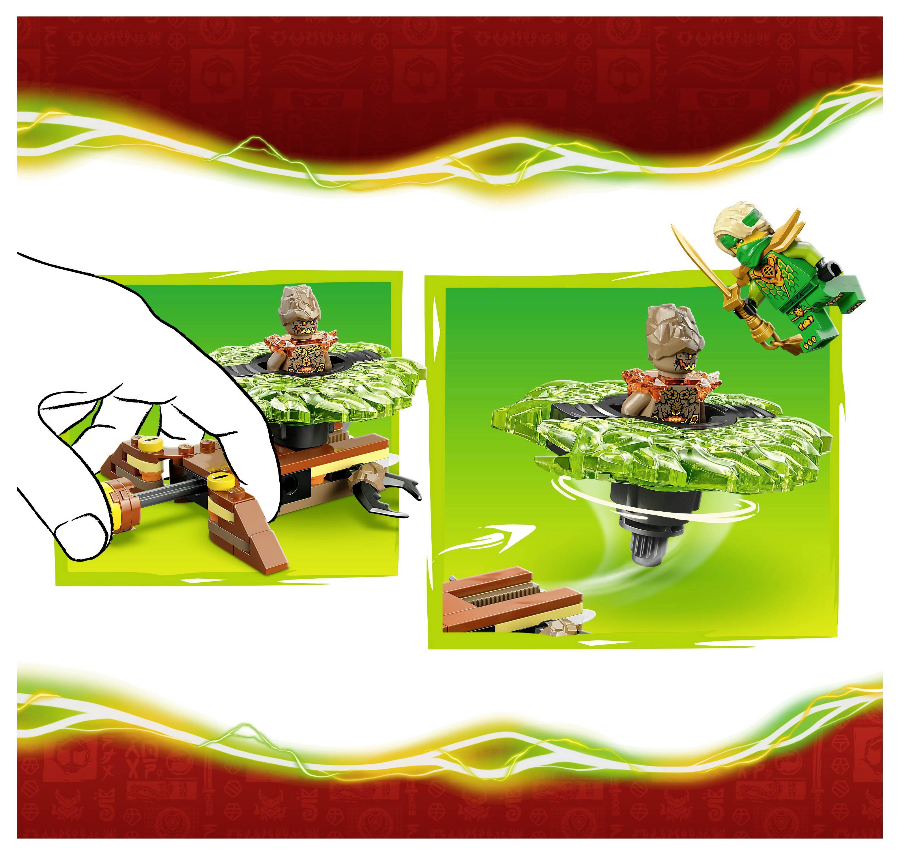 Eine Hand dreht eine Spielfigur auf einer grünen Basis. Ein anderes Bild zeigt die Spielfigur in der Luft mit einem grün-orangen Hintergrund.