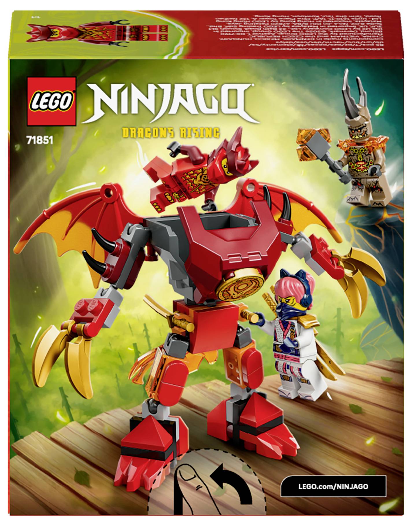 'Ninjago Aufstieg des Drachen' LEGO-Set-Box mit einem roten Drachen-Mech und zwei Charakterfiguren in einer Waldkulisse; Modellnummer 71851.