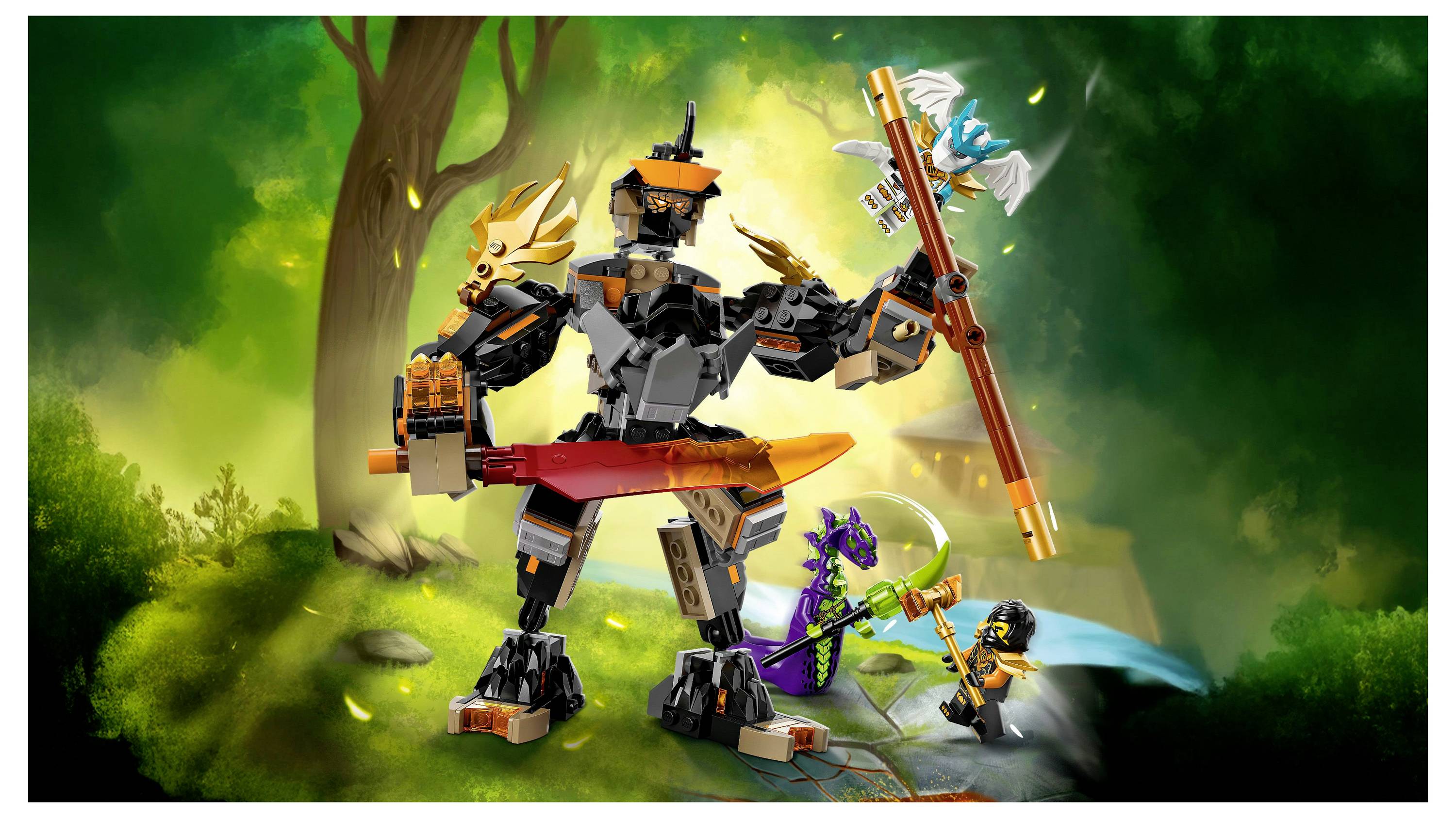 Eine große, gepanzerte Gestalt hält einen Stab in einem üppigen, mystischen Wald. Kleinere Figuren und Kreaturen befinden sich zu ihren Füßen und erschaffen eine Fantasy-Szene.