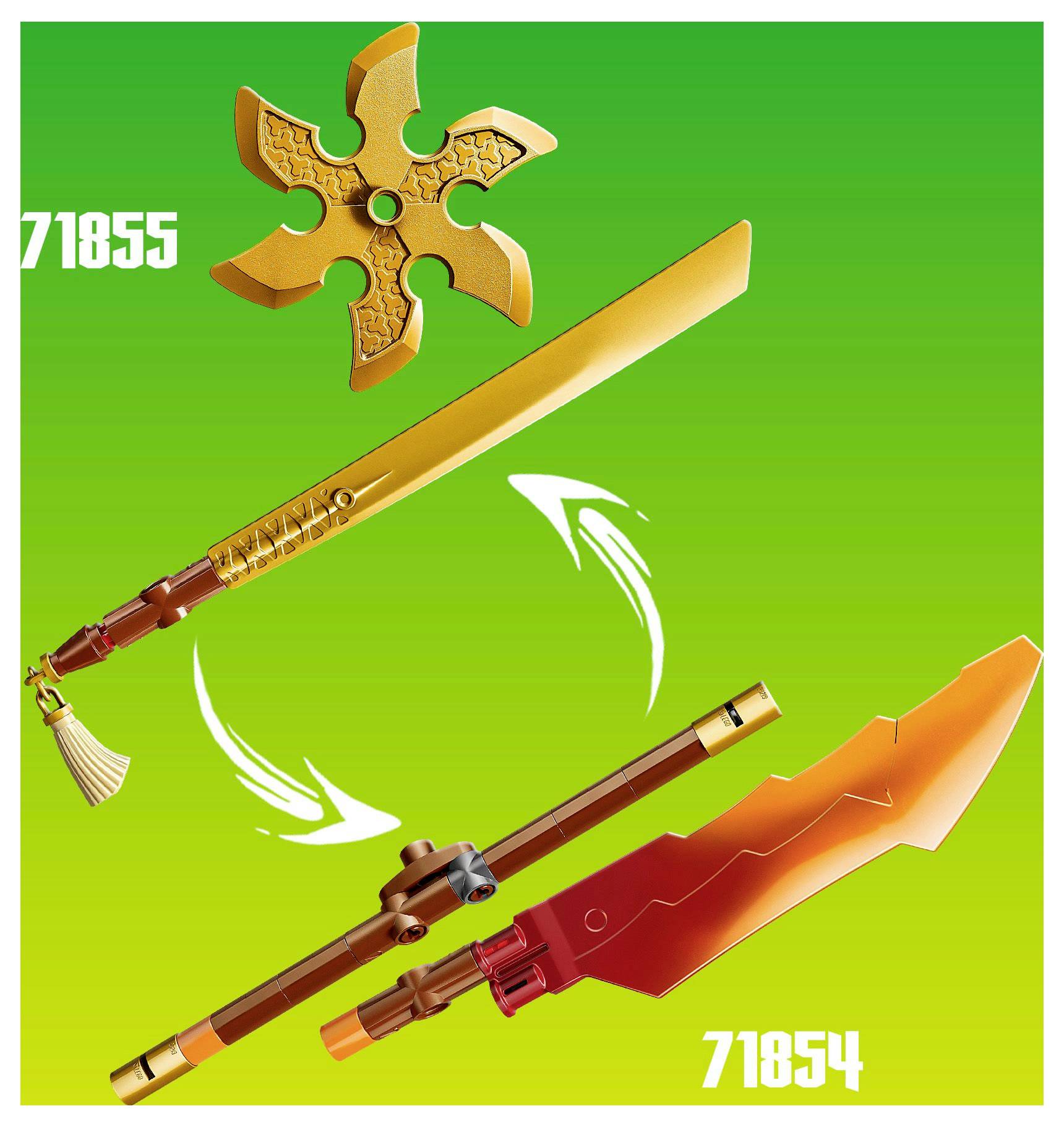 Ein grüner Hintergrund zeigt zwei goldene Schwerter und eine sternenförmige Waffe. Die Nummern '71855' und '71854' kennzeichnen die Gegenstände.