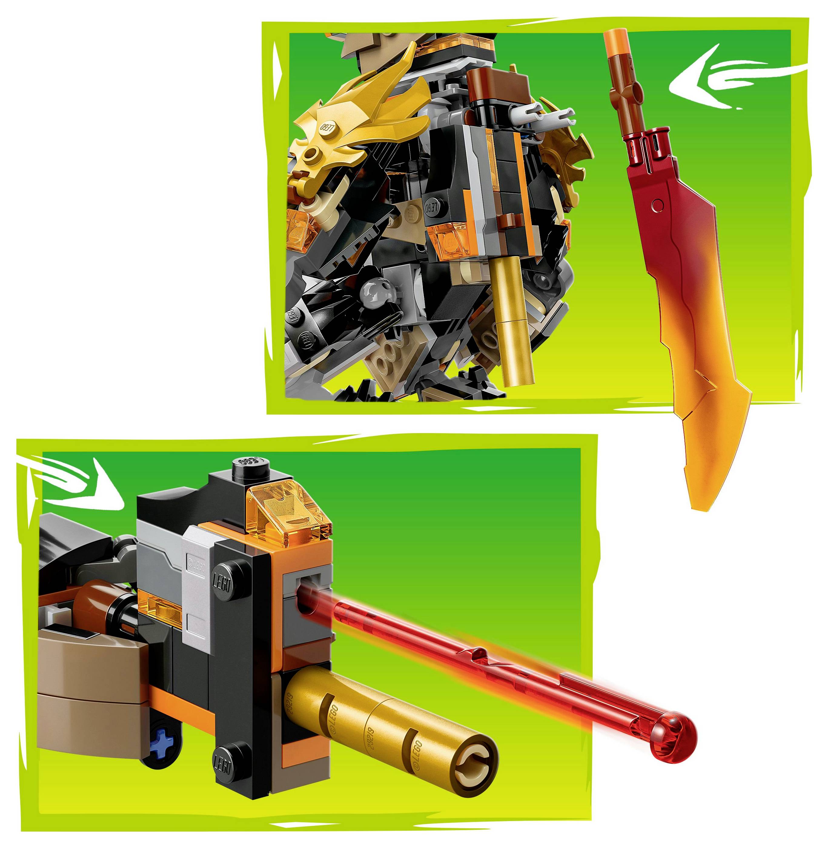 Lego-Set mit Drache und rotem Schwert. Beinhaltet detaillierten Drachenkopf und Kanone mit einem roten Projektil auf grünem Hintergrund.