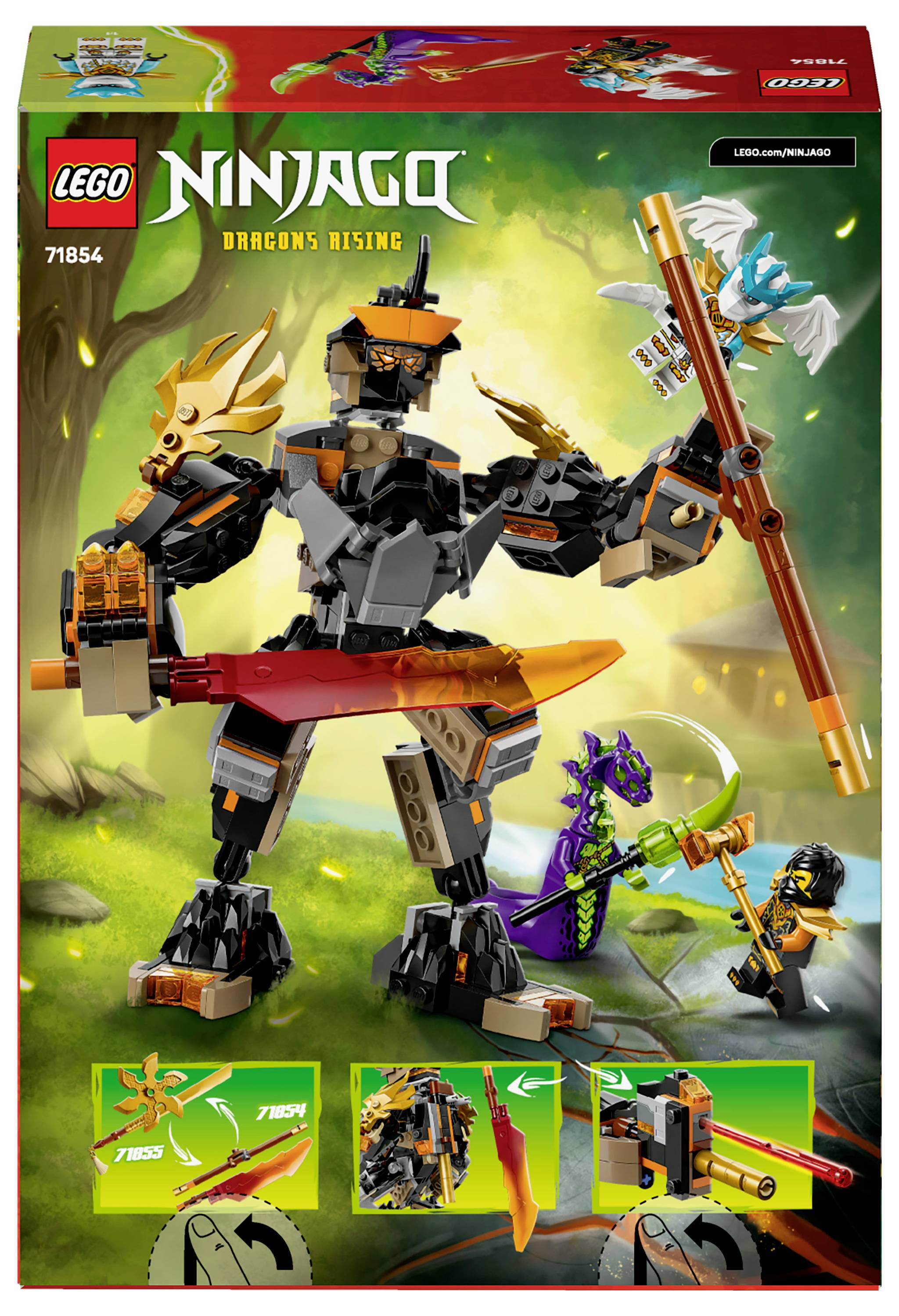 LEGO Ninjago Set 71754 Box: zeigt einen großen Mech mit Feuerschwert, einen kleinen grünen Drachen und zwei Minifiguren in einer Fantasy-Waldszene.