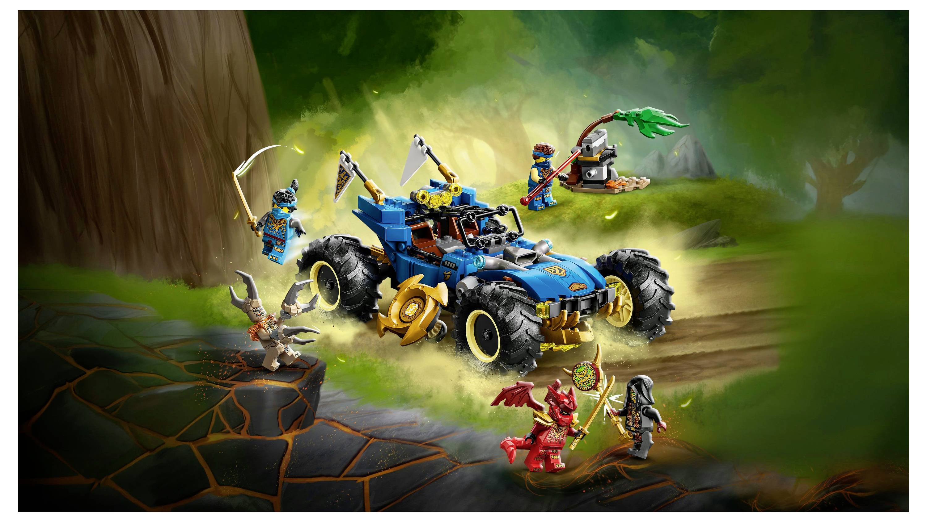 Ein blauer Spielzeug-Monstertruck in einer Fantasy-Waldlandschaft. Die Figuren halten Schwerter und Schilde und deuten auf eine Actionszene hin.