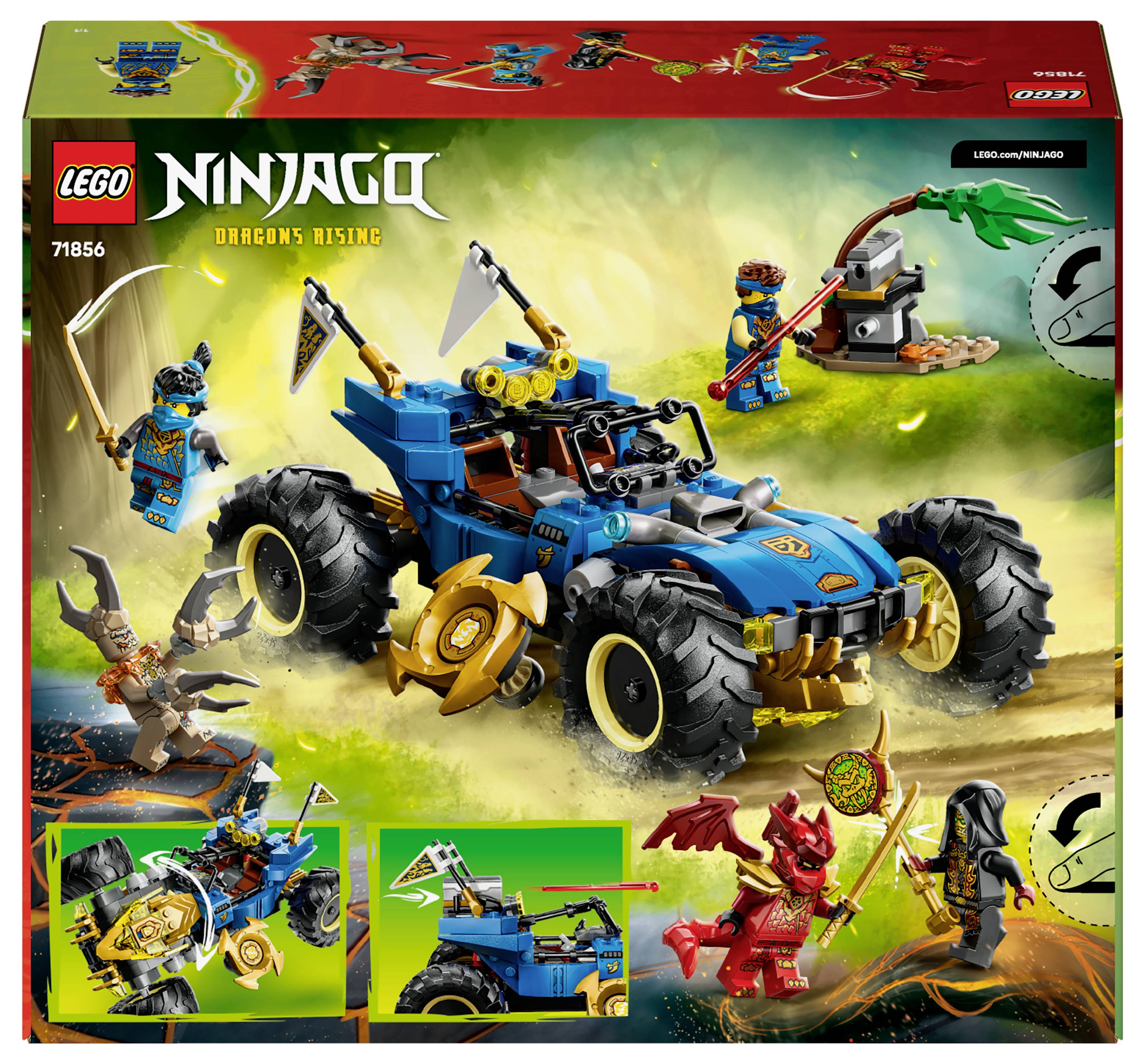 Lego Ninjago 'Aufstieg des Drachen' Set mit einem blauen Geländefahrzeug mit großen Rädern und Aktionsfiguren in einer dynamischen Kampfszene.