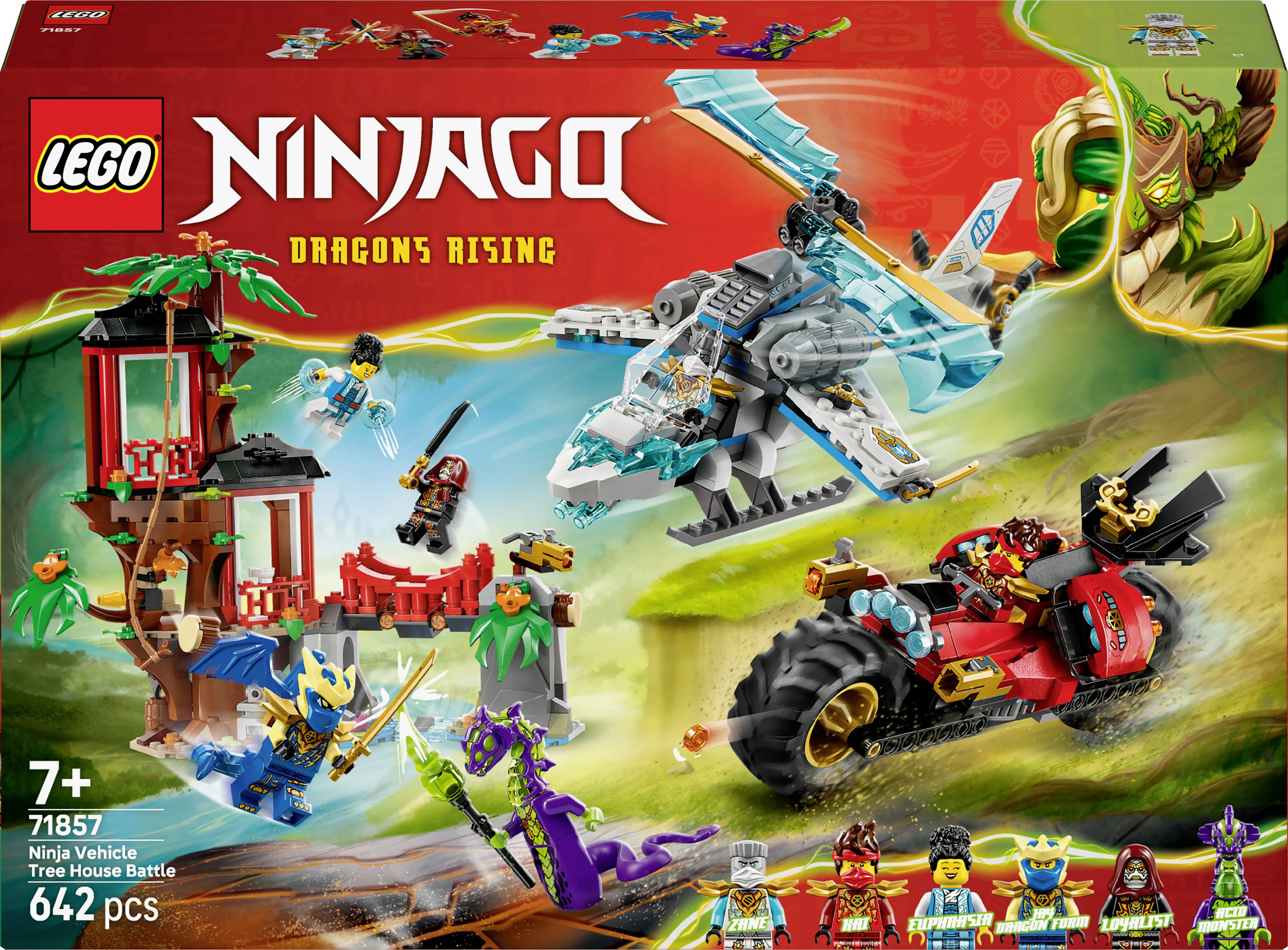 LEGO Ninjago Dragons Rising Set 71857, präsentiert ein Ninja-Fahrzeug, ein Baumhaus, einen Drachen und Minifiguren. Enthält 642 Teile für Kinder ab 7 Jahren.