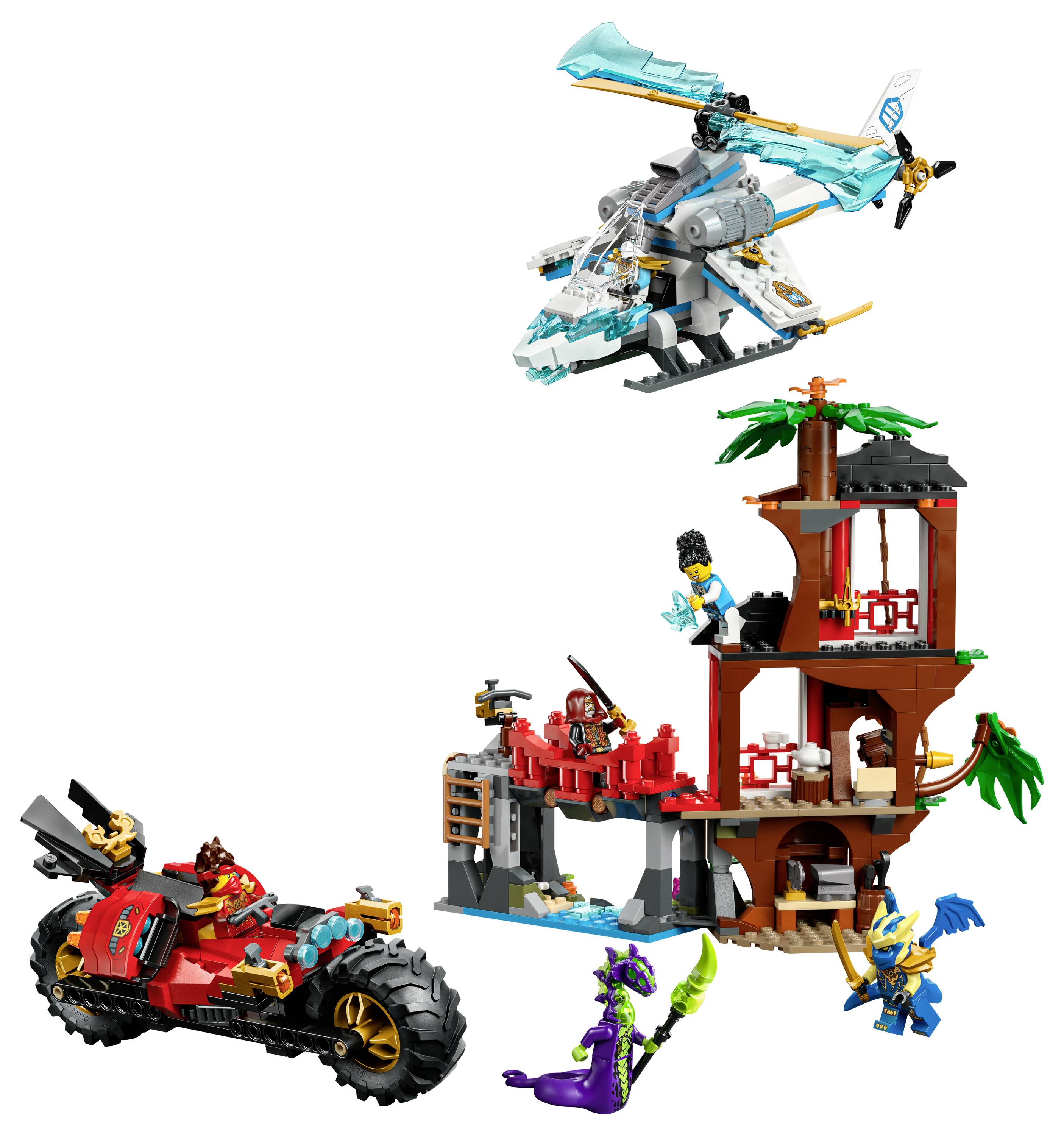 Ein LEGO-Set, das eine Dschunzenszene darstellt, mit einem Motorrad, einem Hubschrauber und Charakteren in Aktionsposen, einschließlich eines Drachen und eines Baumhauses.