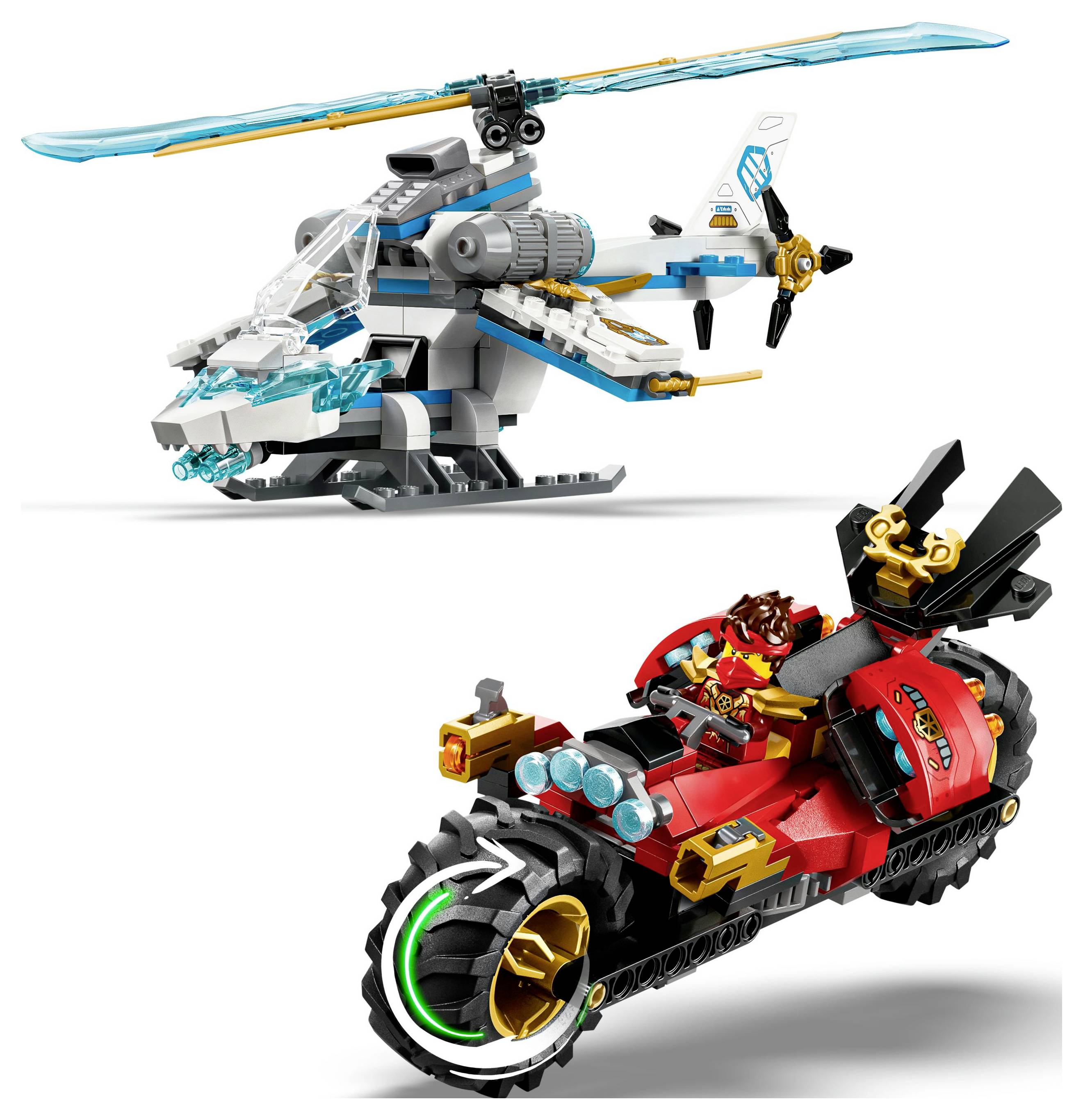 Ein Spielzeugset mit einem weiß-blauen Hubschrauber und einem roten Motorrad, auf dem eine Spielzeugfigur sitzt, das fantasievolle Spielfahrzeuge präsentiert.