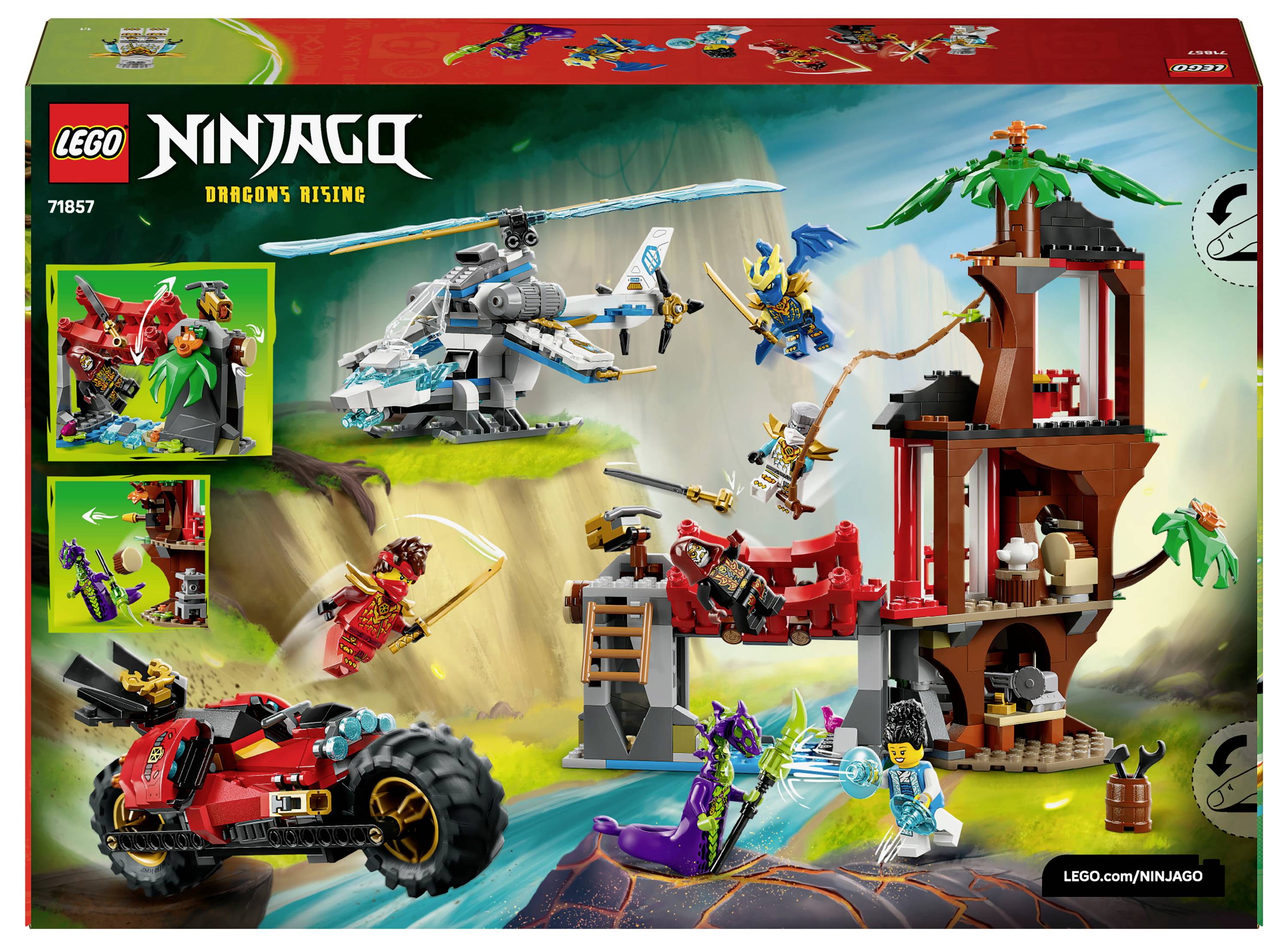 'Lego Ninjago: Aufstieg der Drachen' Set mit Hubschrauber, Figuren, Drache und Gebäude. Enthält actionreiche Szenen und Fahrzeuge.