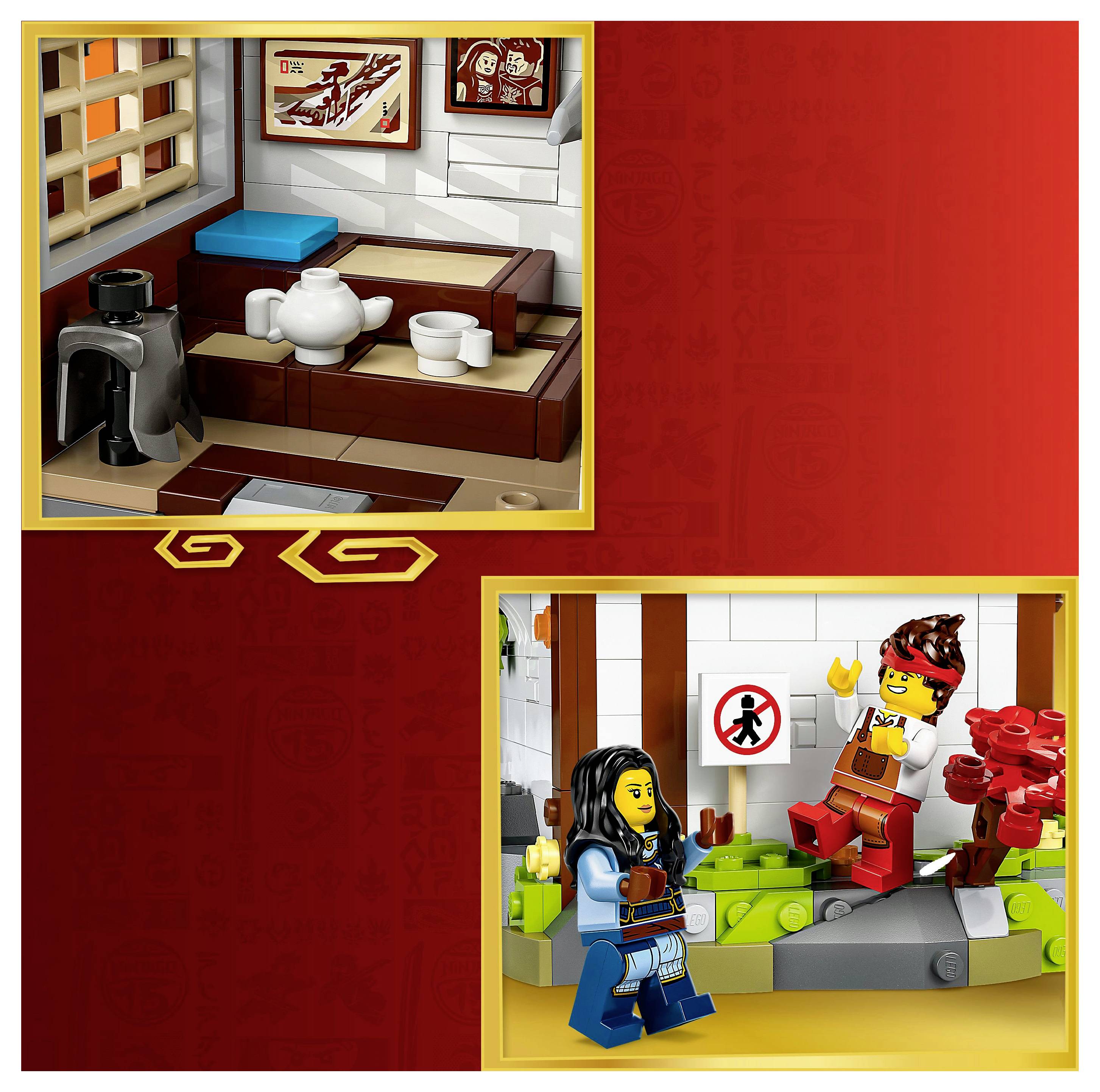 Lego-Szene: Das obere Bild zeigt eine Kücheneinrichtung mit einer Teekanne und Tassen. Das untere Bild stellt zwei Lego-Figuren dar, die sich im Freien in der Nähe eines Gartens unterhalten.