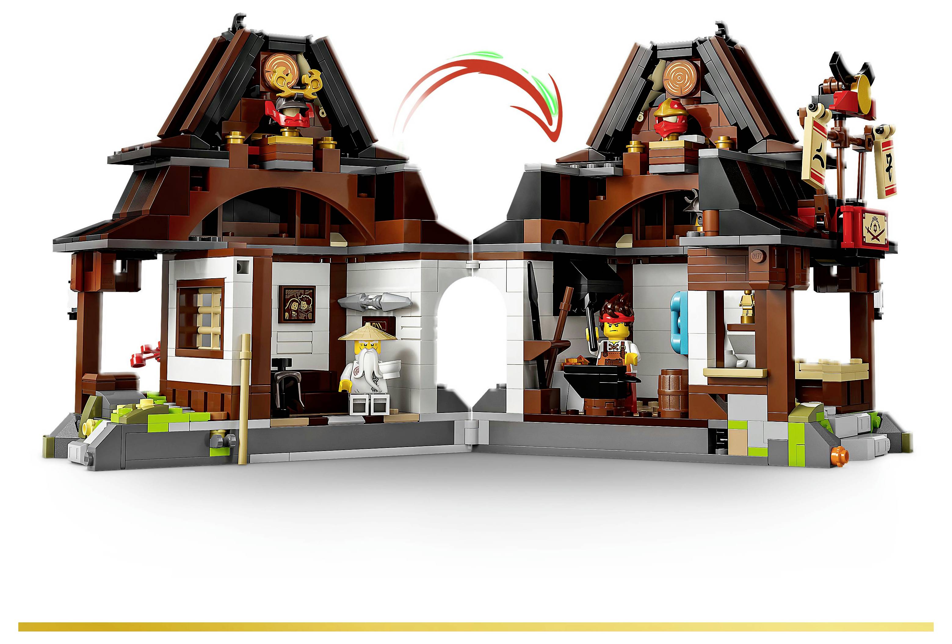 Ein LEGO-Set, das einen zweistöckigen Ninjago-Tempel darstellt, mit entfernten Dachziegeln, die Innenräume offenlegen. Zwei Minifiguren sind im Inneren sichtbar.