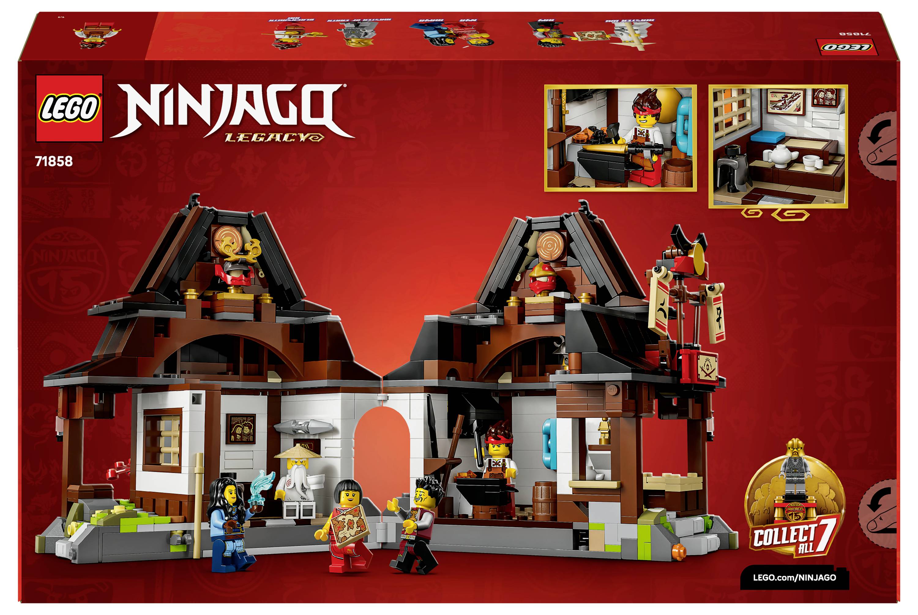 LEGO Ninjago Legacy-Set 71855 Schachtel mit einer Darstellung eines Dojos, in dem Minifiguren ein Training absolvieren, und einer 'Sammle 7'-Figur-Beschriftung in der unteren rechten Ecke.