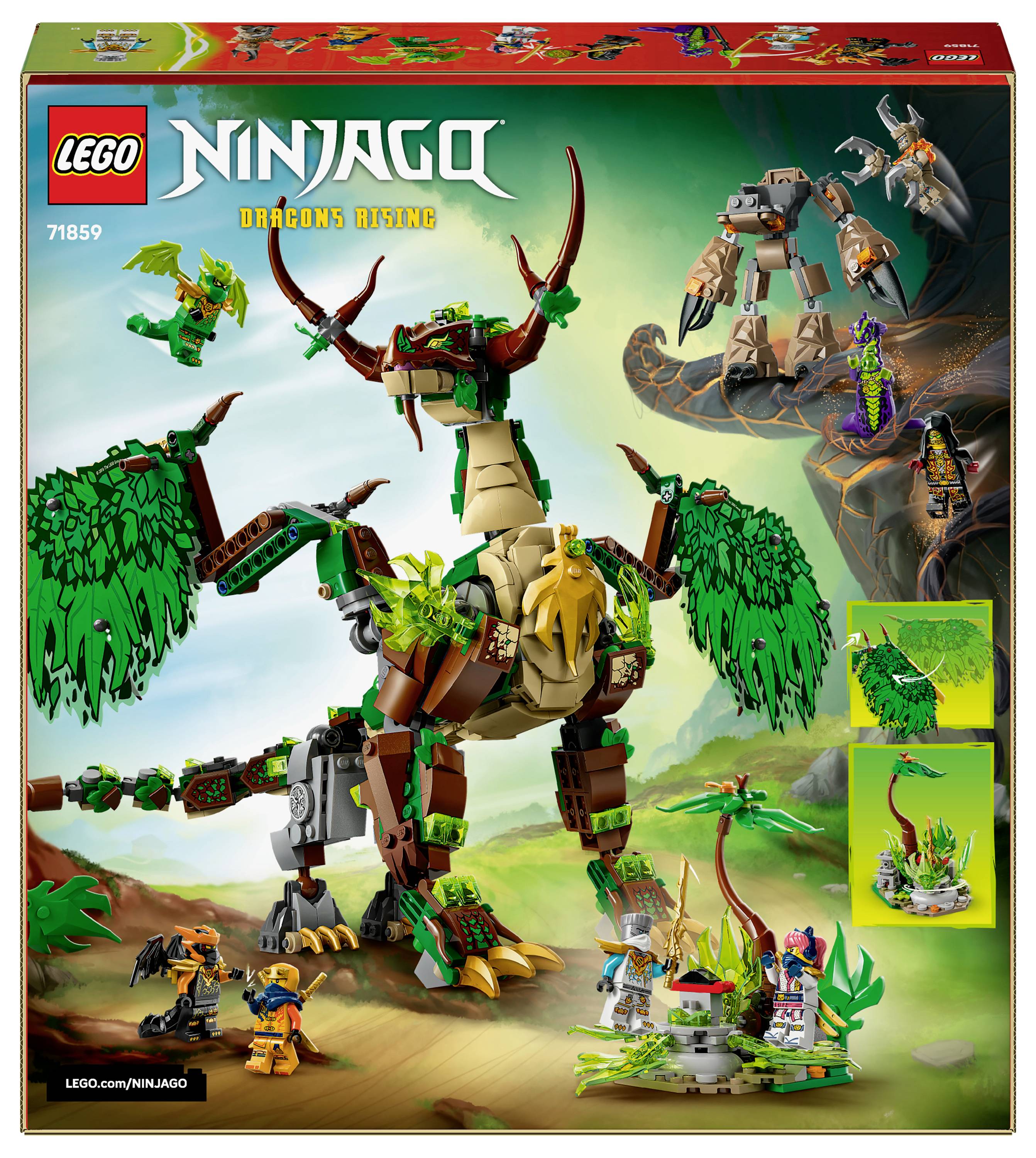 LEGO Ninjago 'Dragons Rising' Set 71859 Schachtel, mit einem grünen Drachen, Minifiguren und Zubehör. Fantasy-Action-Thema.