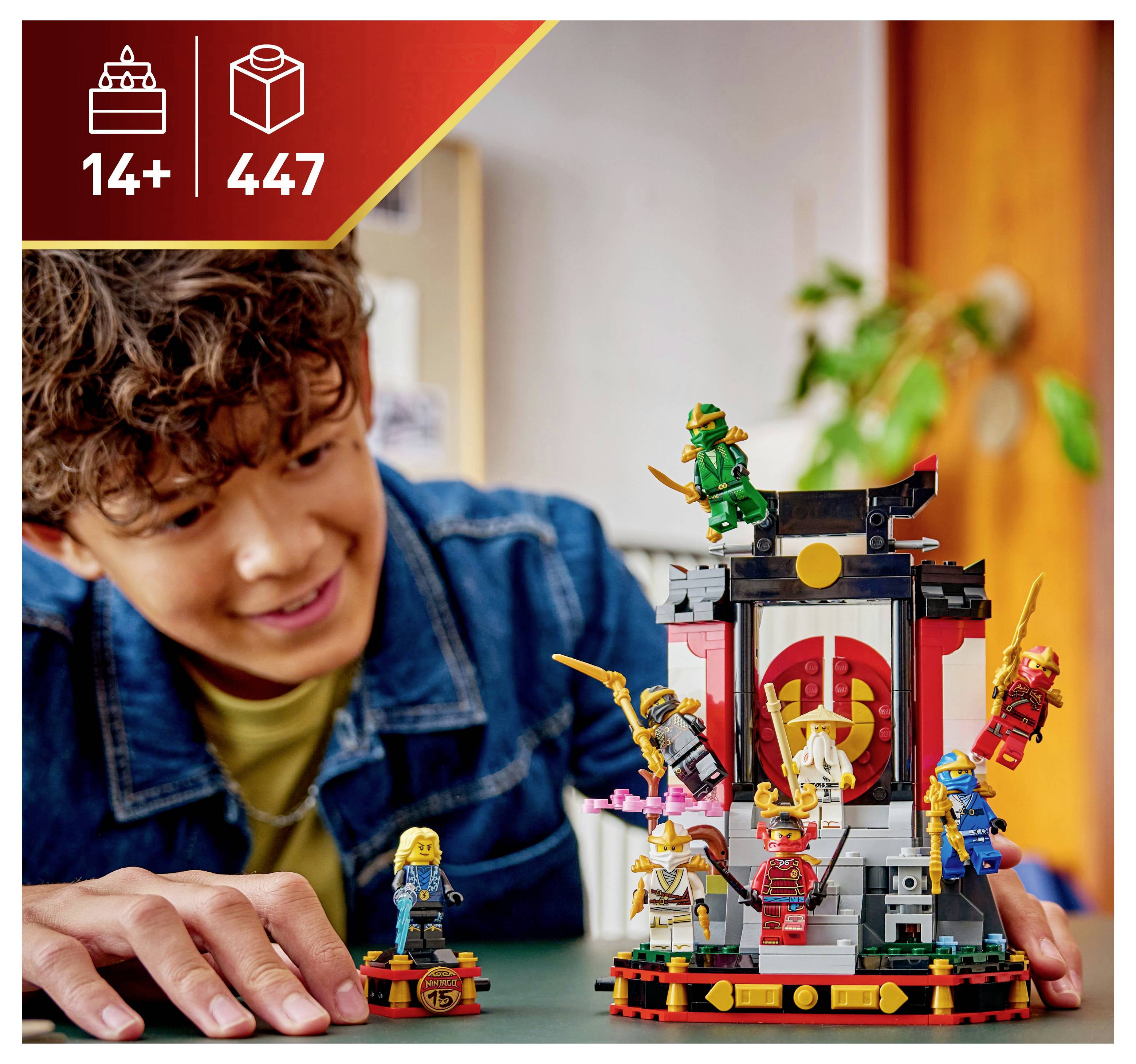 Eine Person lächelt, während sie einen komplexen LEGO-Satz mit mehreren Minifiguren und einer kleinen Konstruktion zusammenbaut, gekennzeichnet mit '14+' und '447 Teile'.