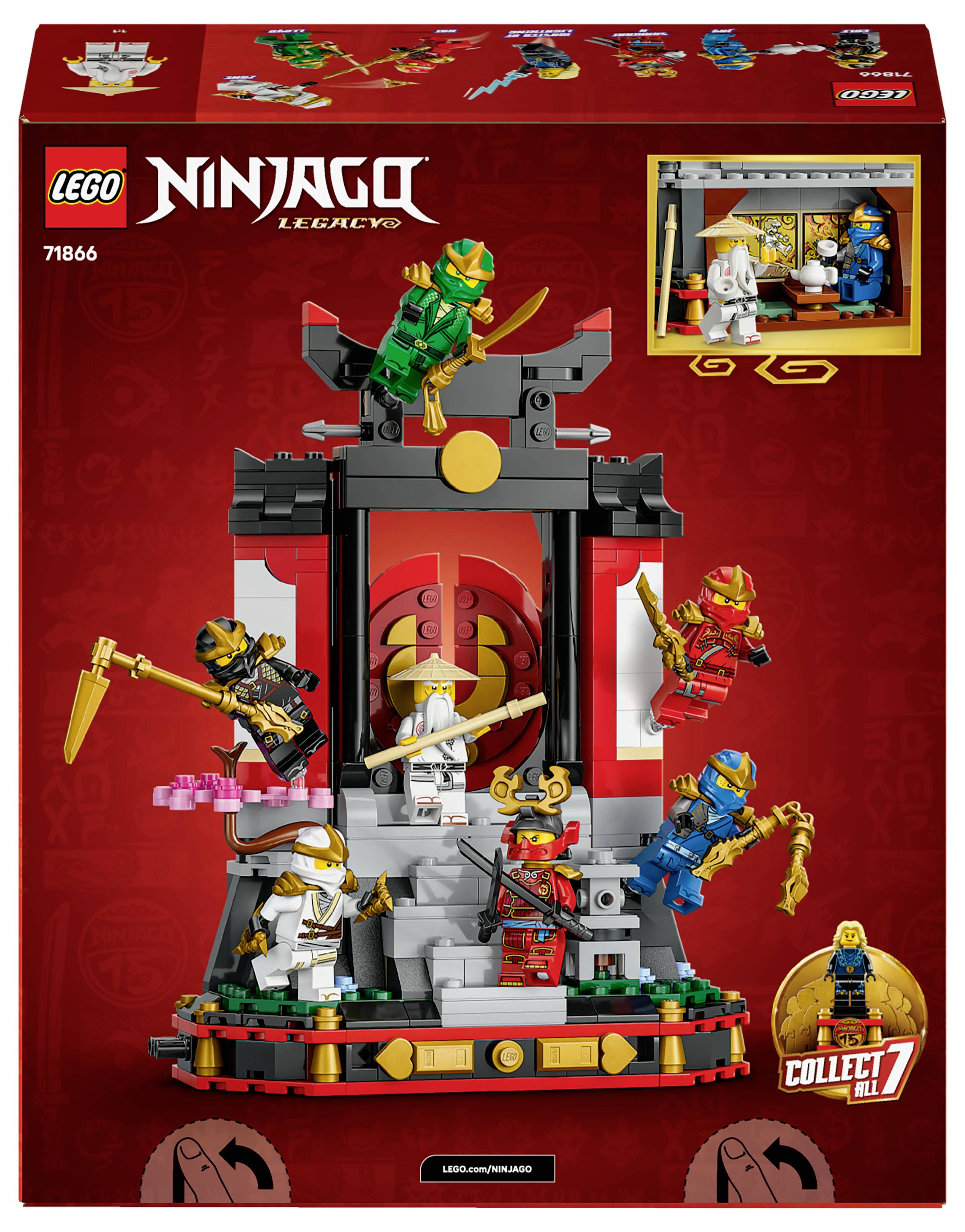 LEGO Ninjago Legacy-Set 71866 mit einer Kampfszene mit Ninja-Minifiguren und einem Tempel.