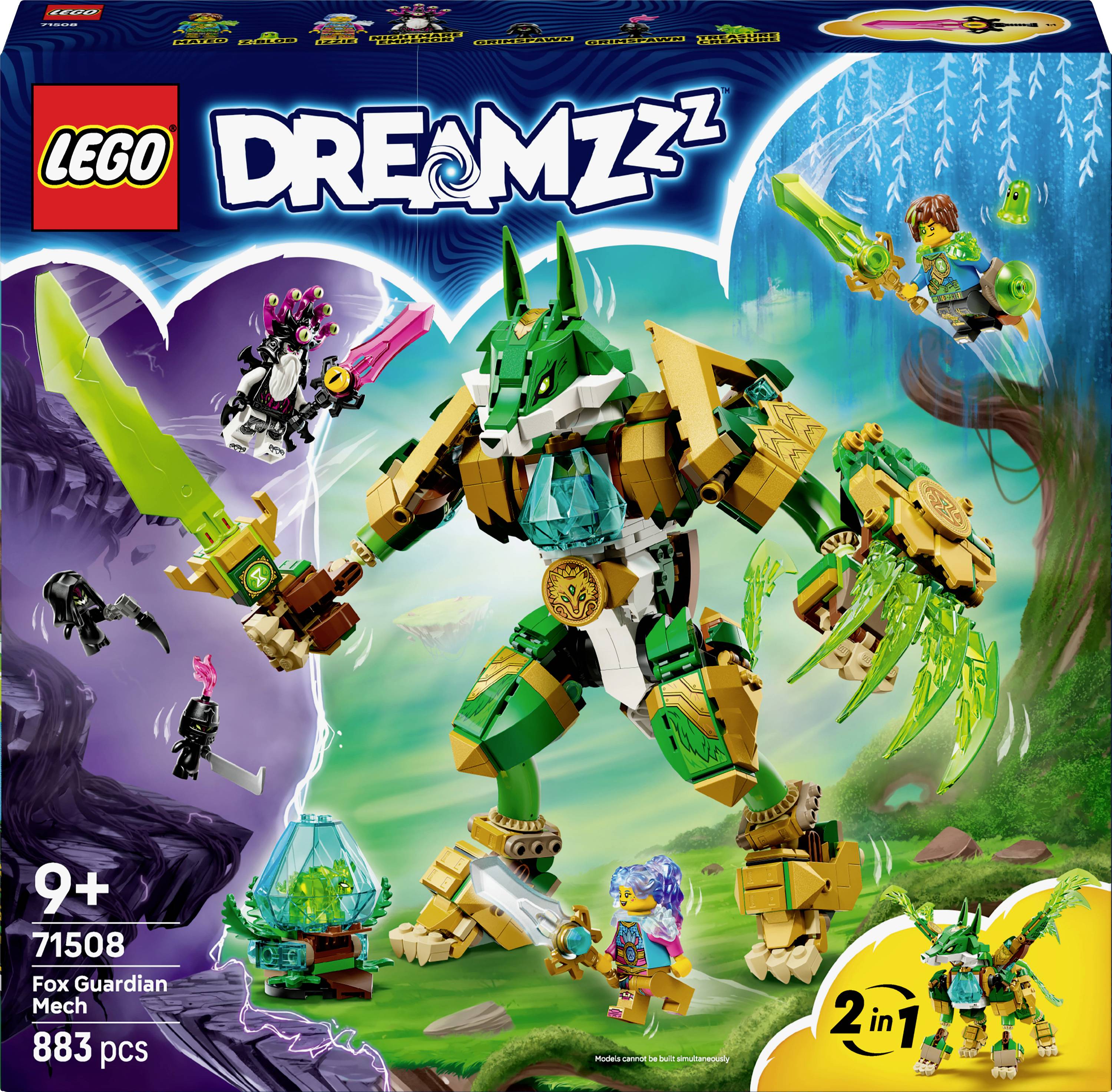 Ein LEGO DREAMZzz Fuchs-Wächter-Mech-Set, geeignet für Kinder ab 9 Jahren, mit einem großen grün-goldenen Mech, 883 Teilen und mehreren Figuren.