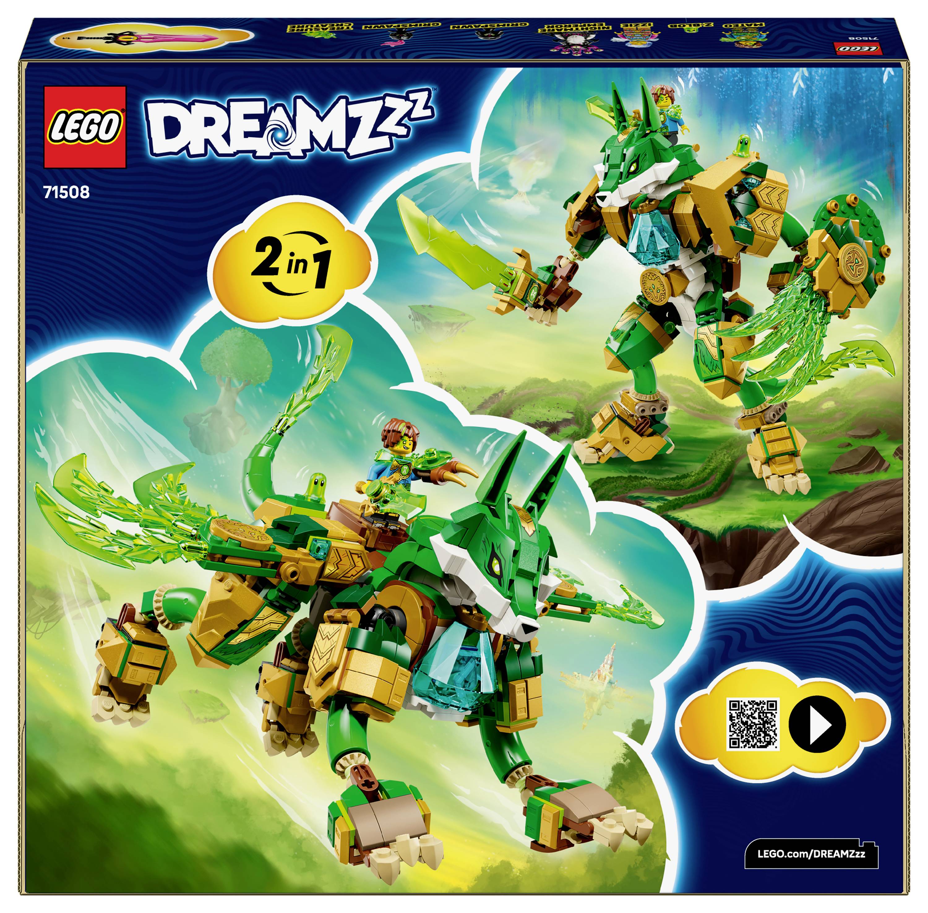 Lego DREAMZzz Boxed-Set mit einem 2-in-1-Modell einer großen, drachenartige Kreatur und einem Fahrzeug in einer grün-, blau- und goldenen Farbkombination.