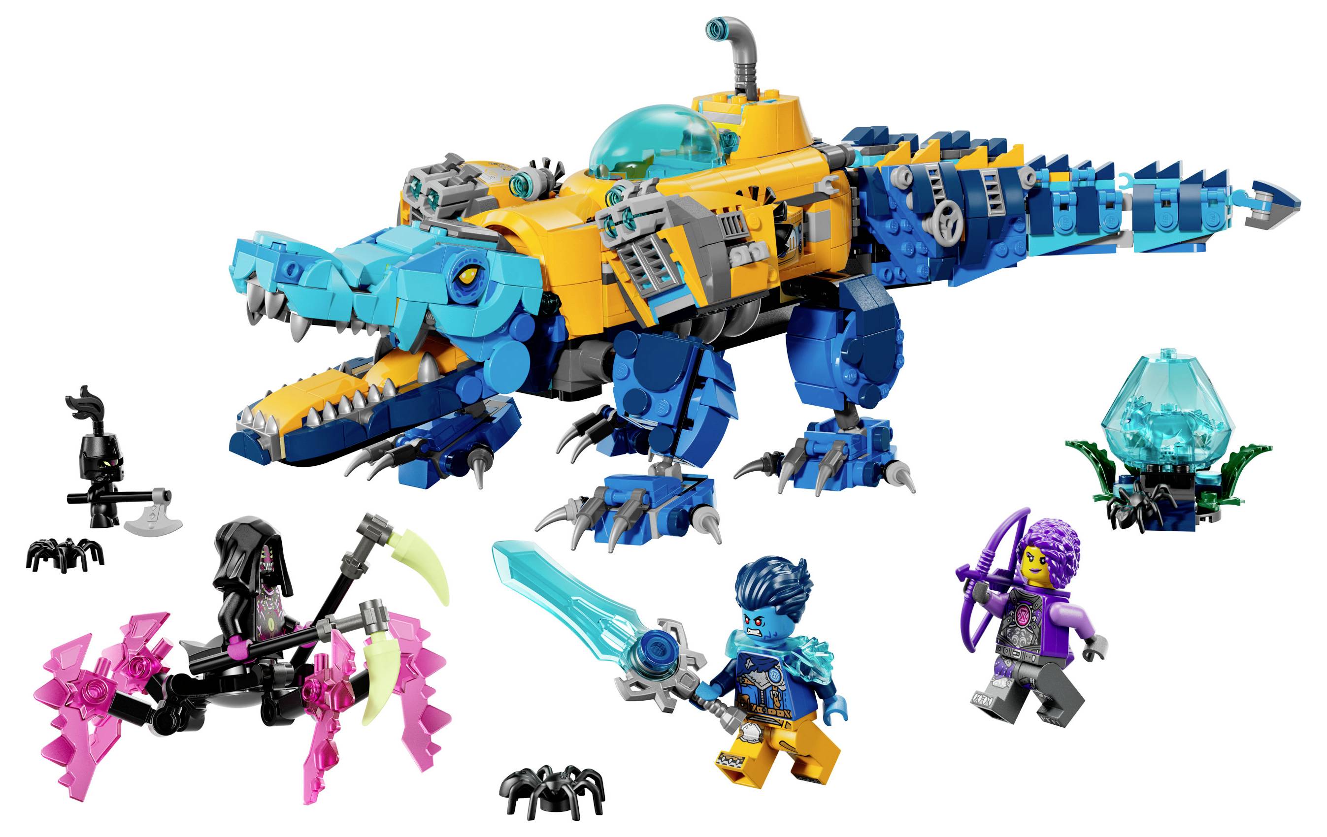 Ein farbenfrohes, zusammengebautes LEGO-Set, das einen mechanischen Dinosaurier mit leuchtend blauen und orangefarbenen Tönen zeigt, umgeben von kleinen LEGO-Figuren und Zubehör.