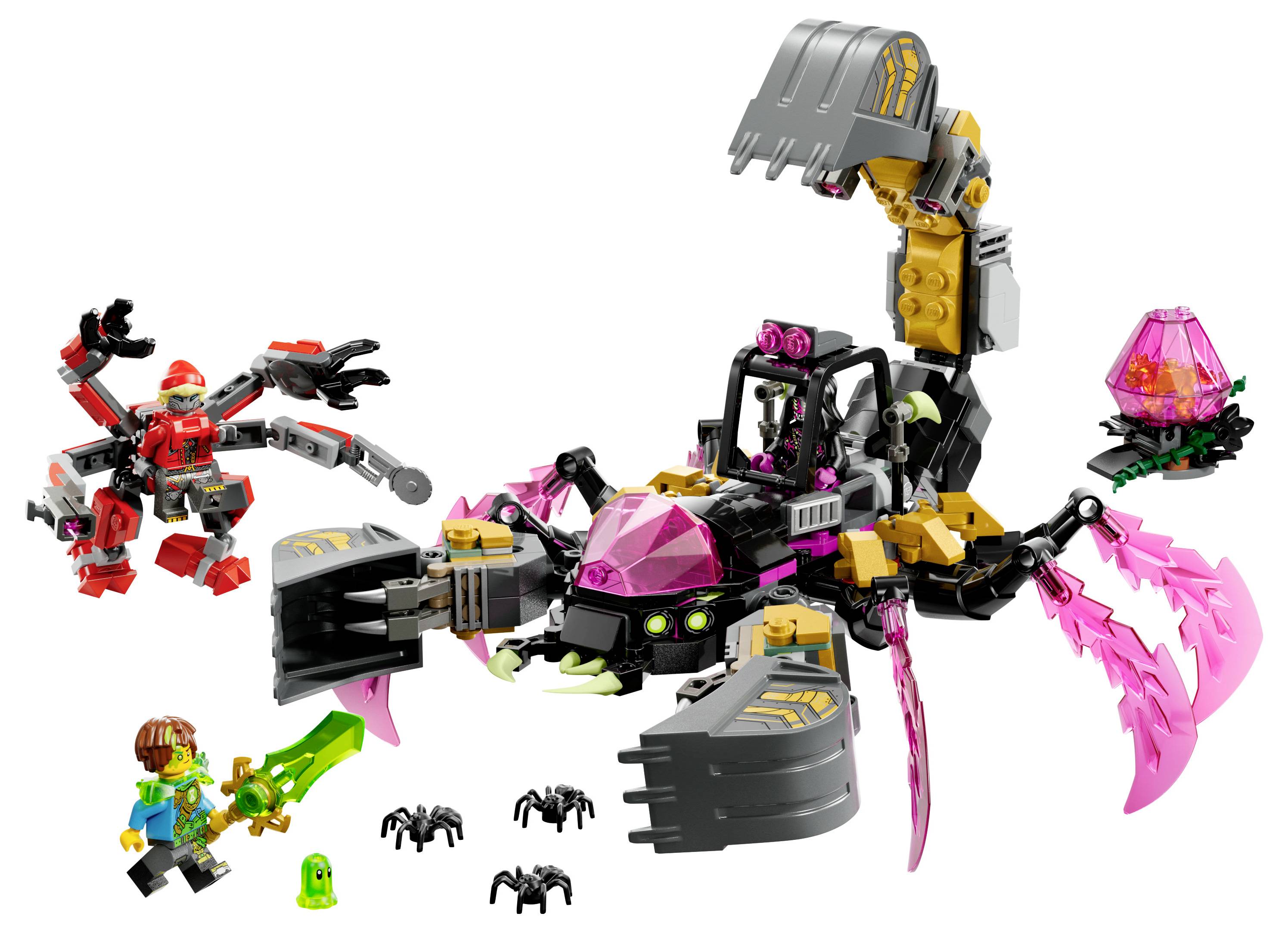 Ein Spielzeugset mit einem Roboter-Skorpion mit rosafarbenen Akzenten, einem Krieger mit einem grünen Schwert und einer Figur mit klauenarmen, die sich in Action befinden.