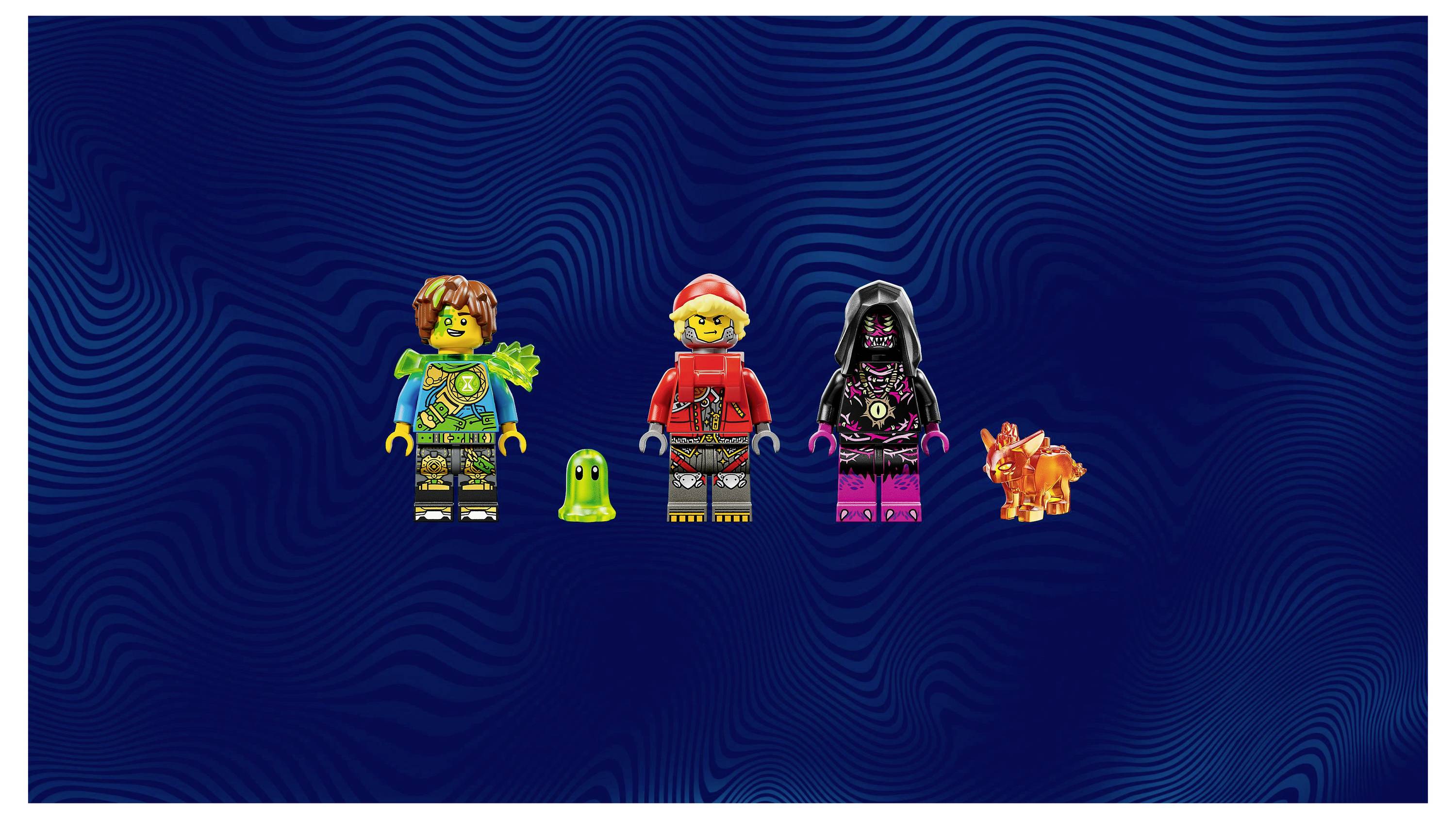Lego-Minifiguren stehen vor einem gewellten, dunkelblauem Hintergrund. Die Charaktere umfassen eine grüne Figur mit einem Blatt, eine rote Figur, eine schwarze Figur, einen grünen Klumpen und ein orangefarbenes, stacheliges Wesen.
