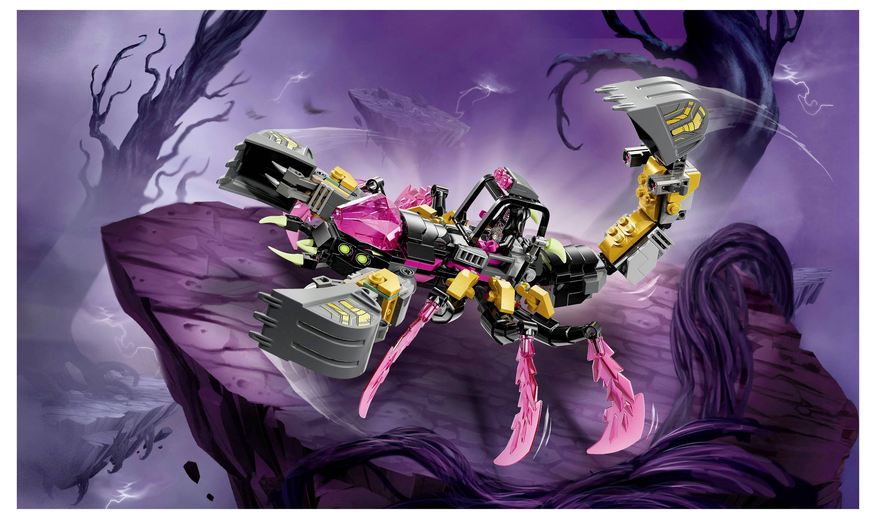 Ein LEGO-Skorpion-Roboter mit großen Scheren und bunten Details, aufgestellt auf einer geheimnisvollen, felsigen Landschaft mit verdrehten Bäumen und einem violetten Himmel.