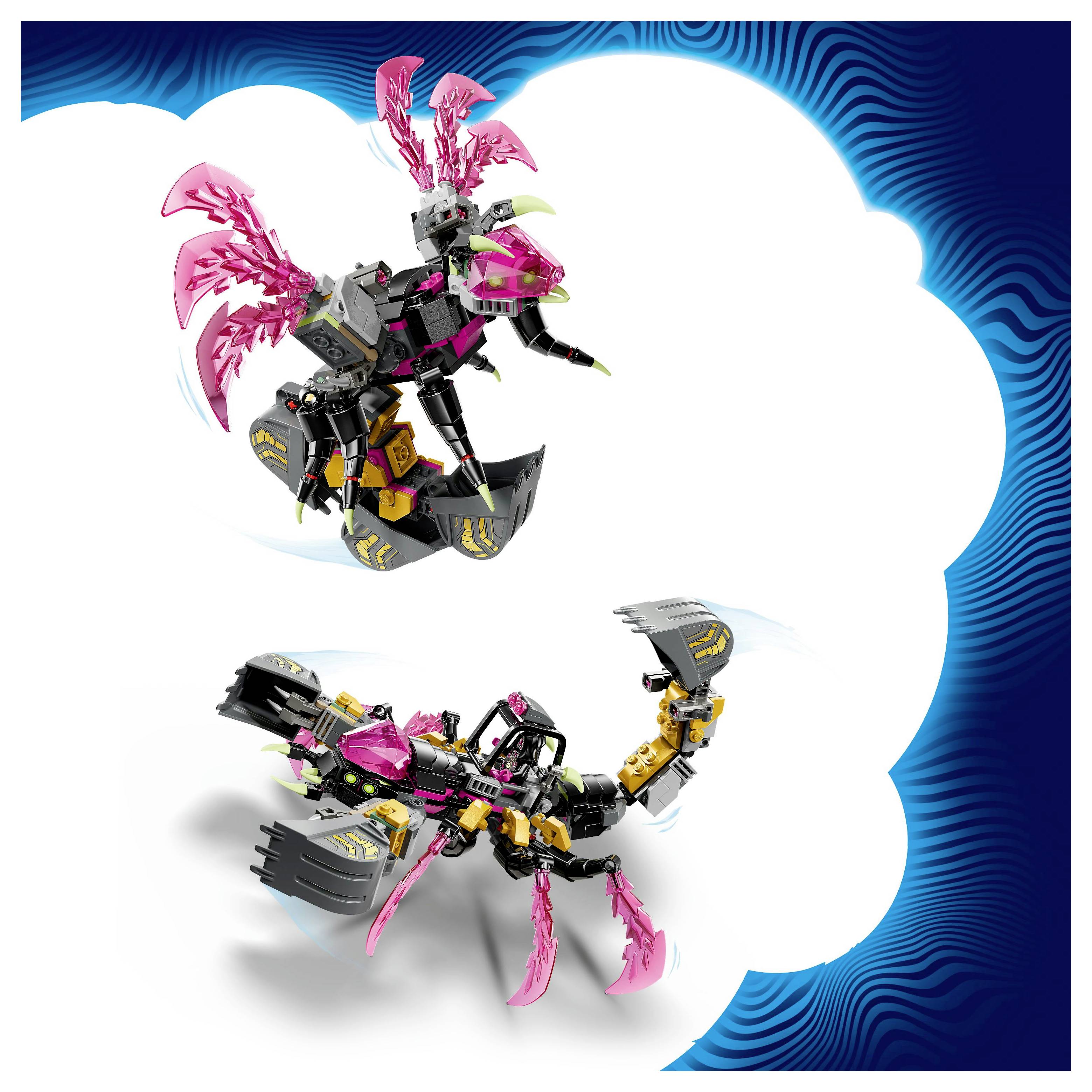 Zwei komplexe, futuristische Roboterspielzeuge mit rosa Details, die einen Drachen und einen Skorpion ähneln, vor einem dynamischen blau-weißen Hintergrund.