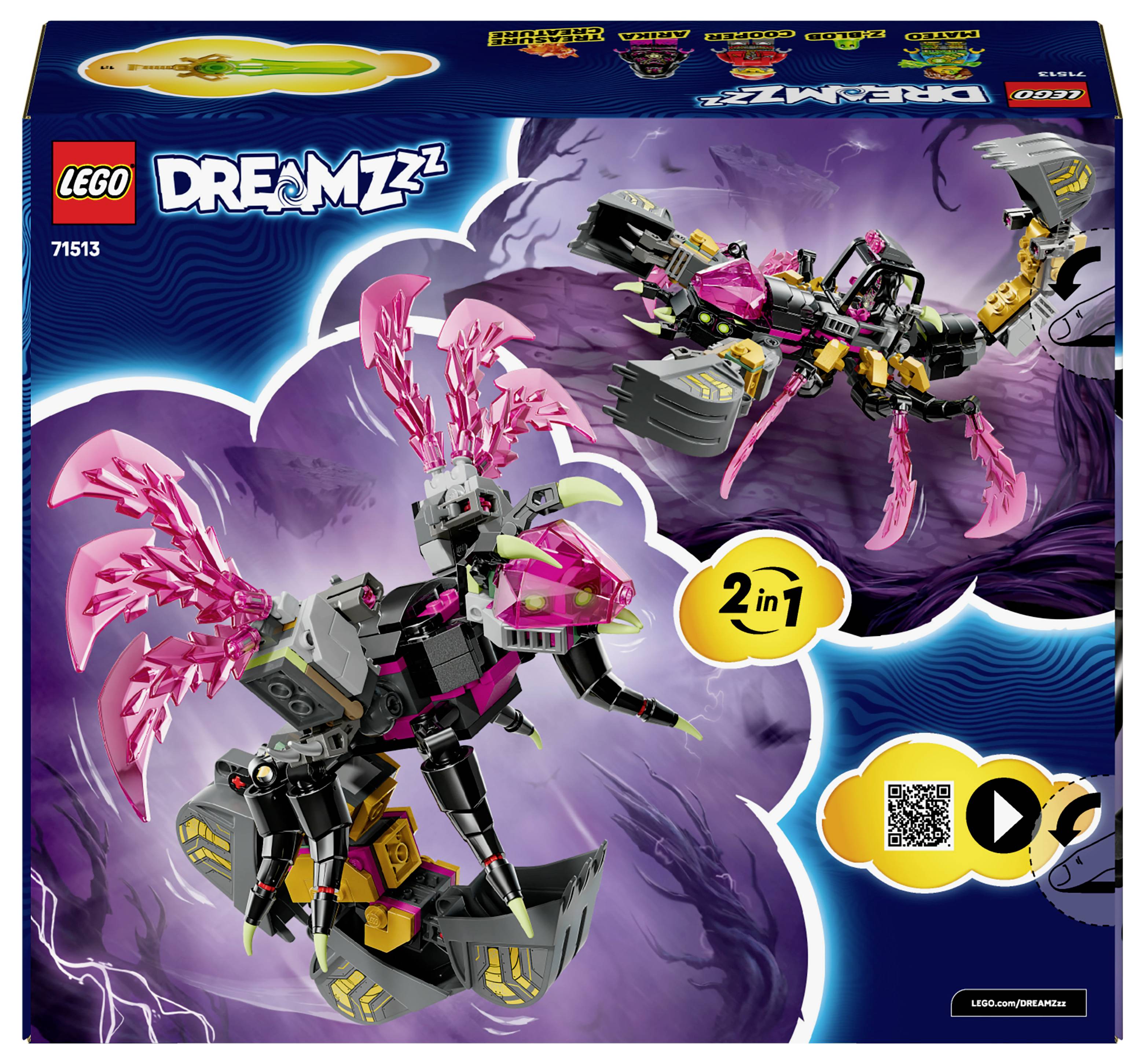 LEGO DREAMZzz Skorpion mit austauschbaren Komponenten für verschiedene Konfigurationen. Lebendiges Design mit rosa und schwarzen Teilen.