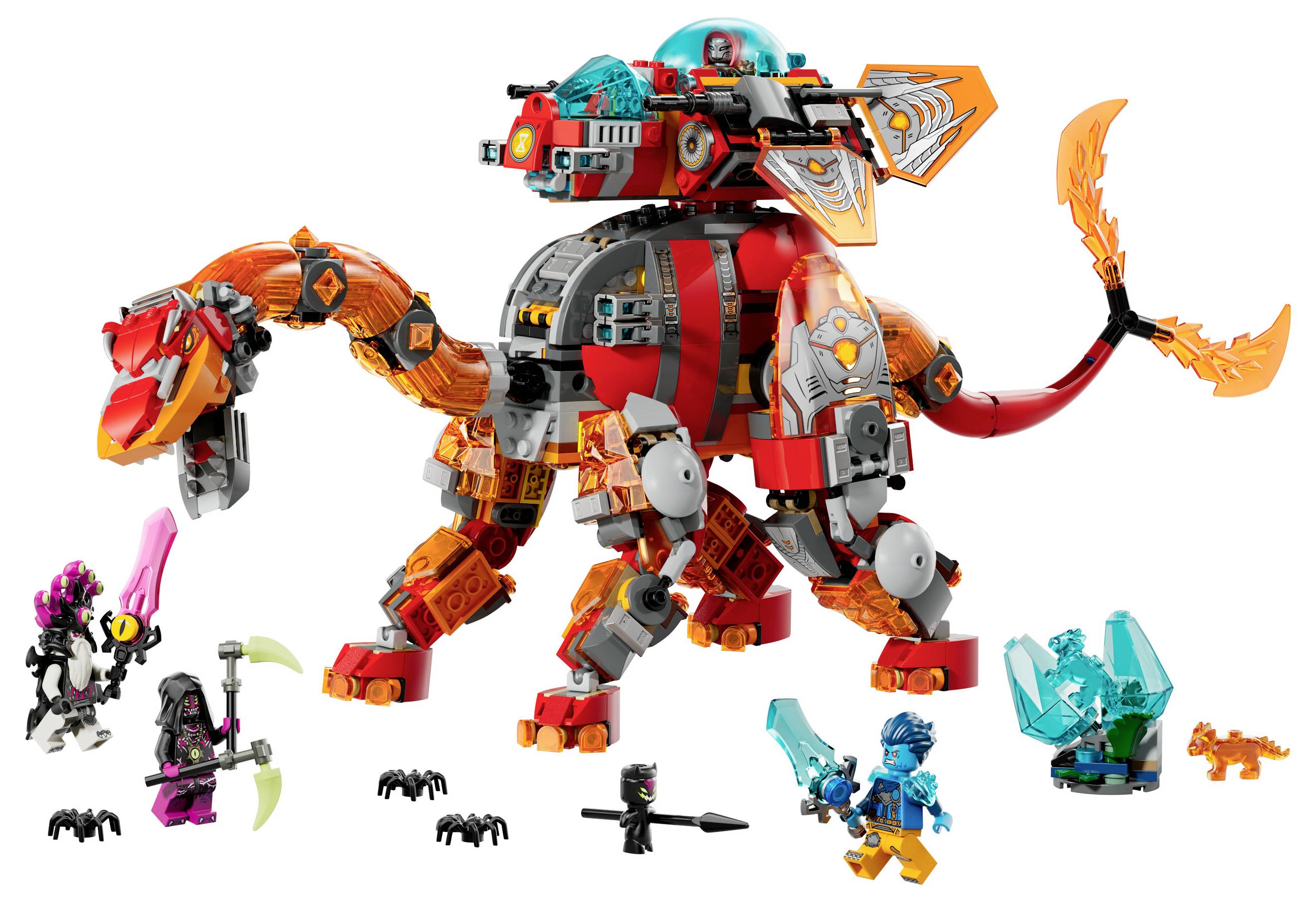 Eine farbenfrohe robotische Kreatur mit Drachenmerkmalen, begleitet von kleinen humanoiden und Spinnenfiguren, in einem verspielten und märchenhaften Szenario.