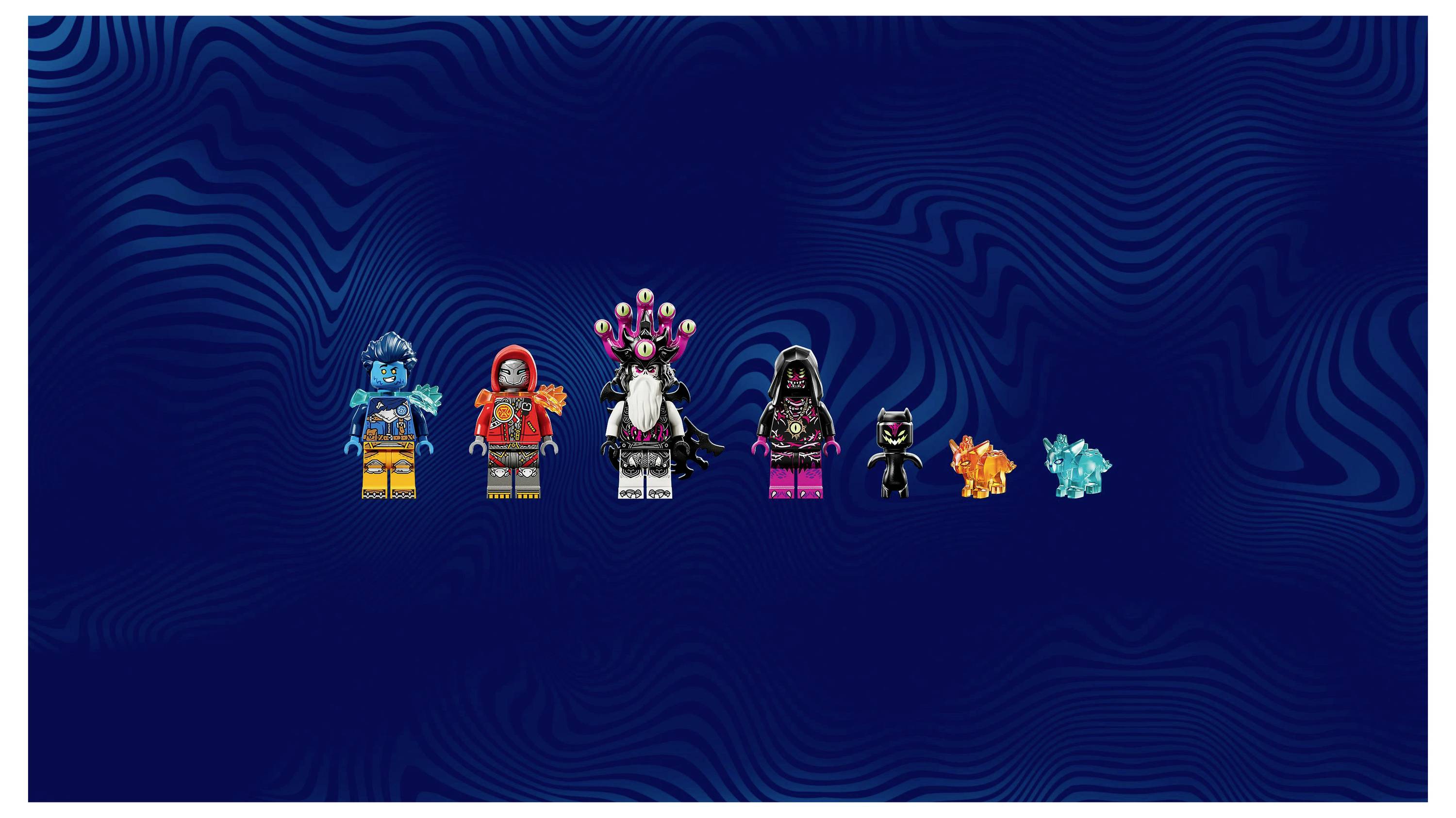 Sechs bunte Spielfiguren stehen in einer Reihe vor einem blauen gemusterten Hintergrund. Die Figuren umfassen menschenähnliche Charaktere und zwei kleine Kreaturen.