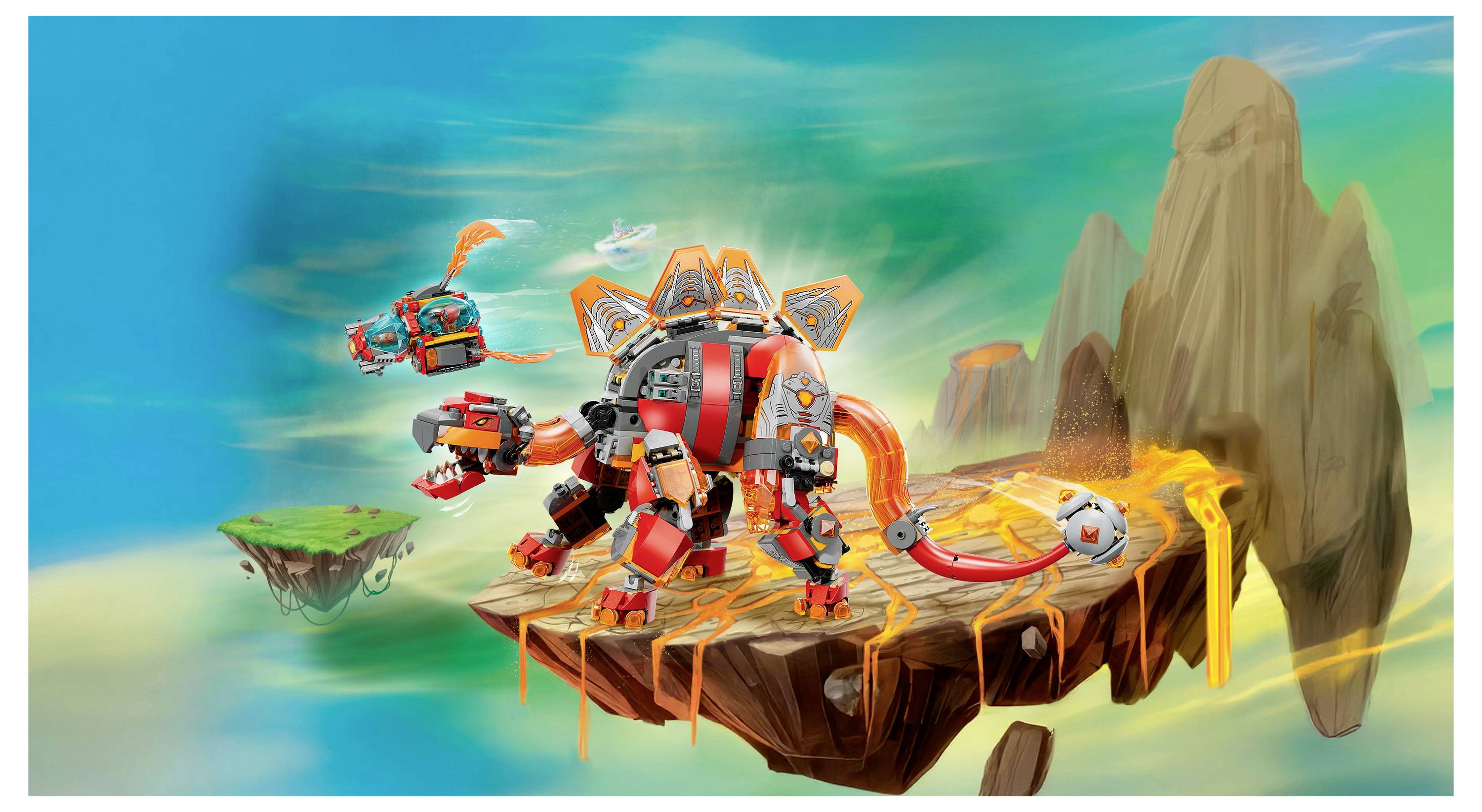 Eine mechanische Dinosaurier-Skulptur aus Bausteinen steht auf einer schwebenden, felsigen Plattform, umgeben von geschmolzener Lava, vor einer Himmelskulisse.