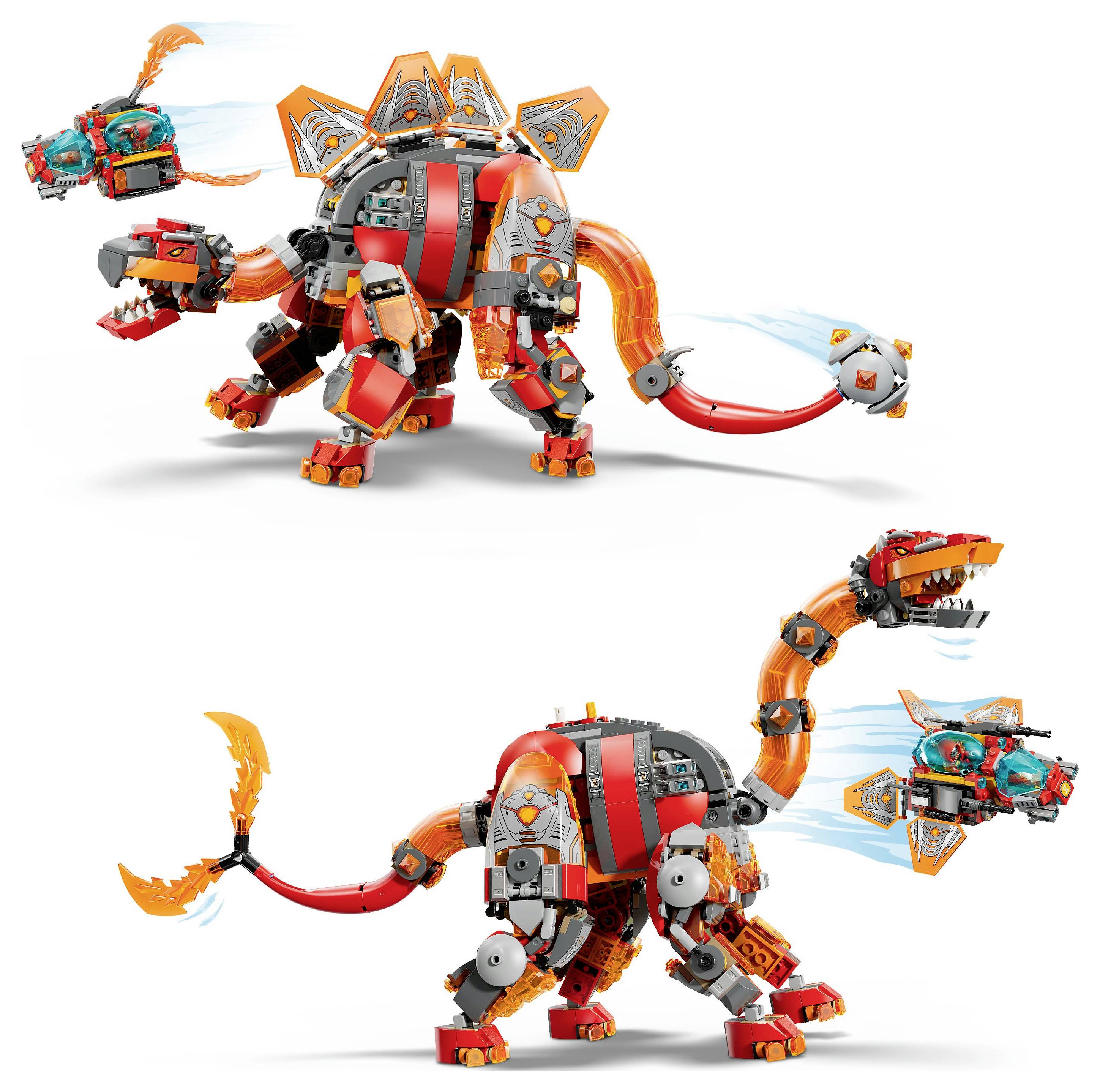 Zwei Roboter-Dinosaurier-Modelle aus ineinandergreifenden Plastiksteinen; jedes Modell verfügt über orange und rote Teile mit blauen Energiestrahlen.