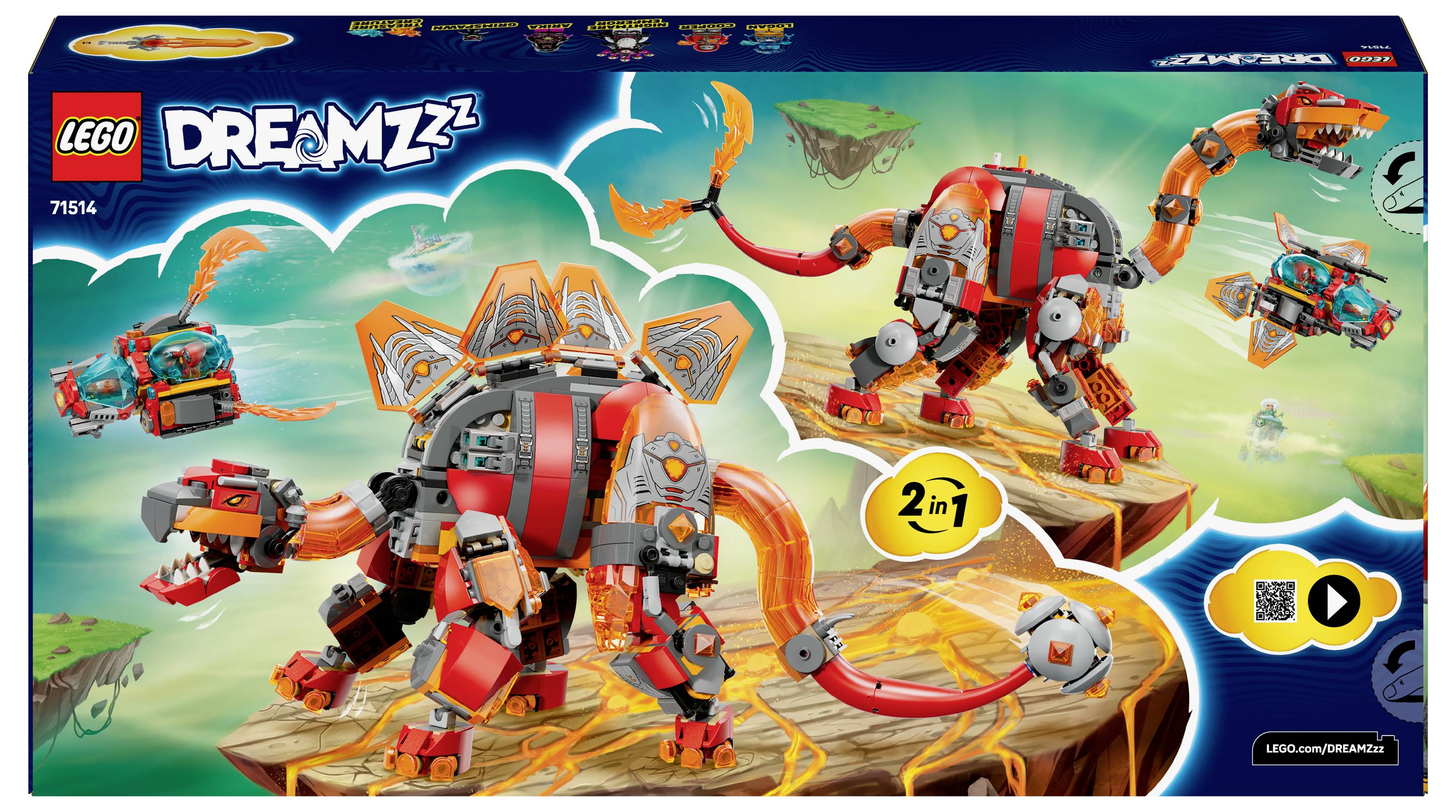 LEGO-Box mit einem '2 in 1' baubaren Roboter-Dinosaurier aus der LEGO DREAMZzz-Reihe, präsentiert vor einer lebhaften Hintergrundkulisse.