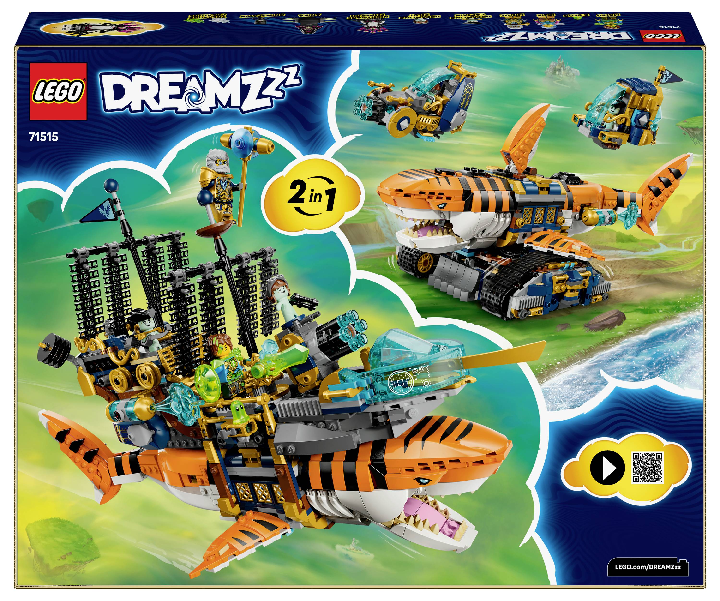 LEGO DREAMZzz 2-in-1-Set mit bunten Hairobotern, abnehmbaren Teilen und Minifiguren in einer dynamischen, meeresthematischen Umgebung.