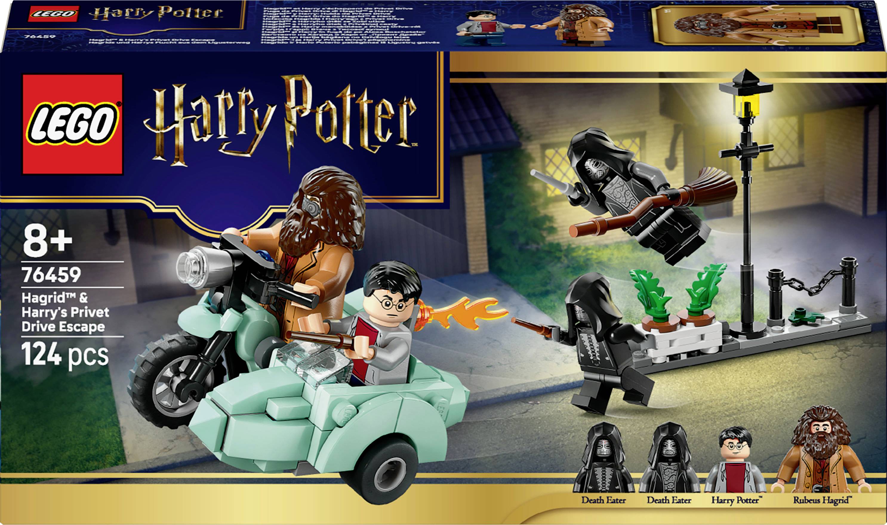 LEGO-Set-Box mit Hagrid und Harry Potter auf einem Motorrad, verfolgt von Dementoren. Set für Alter 8+, mit 124 Teilen.