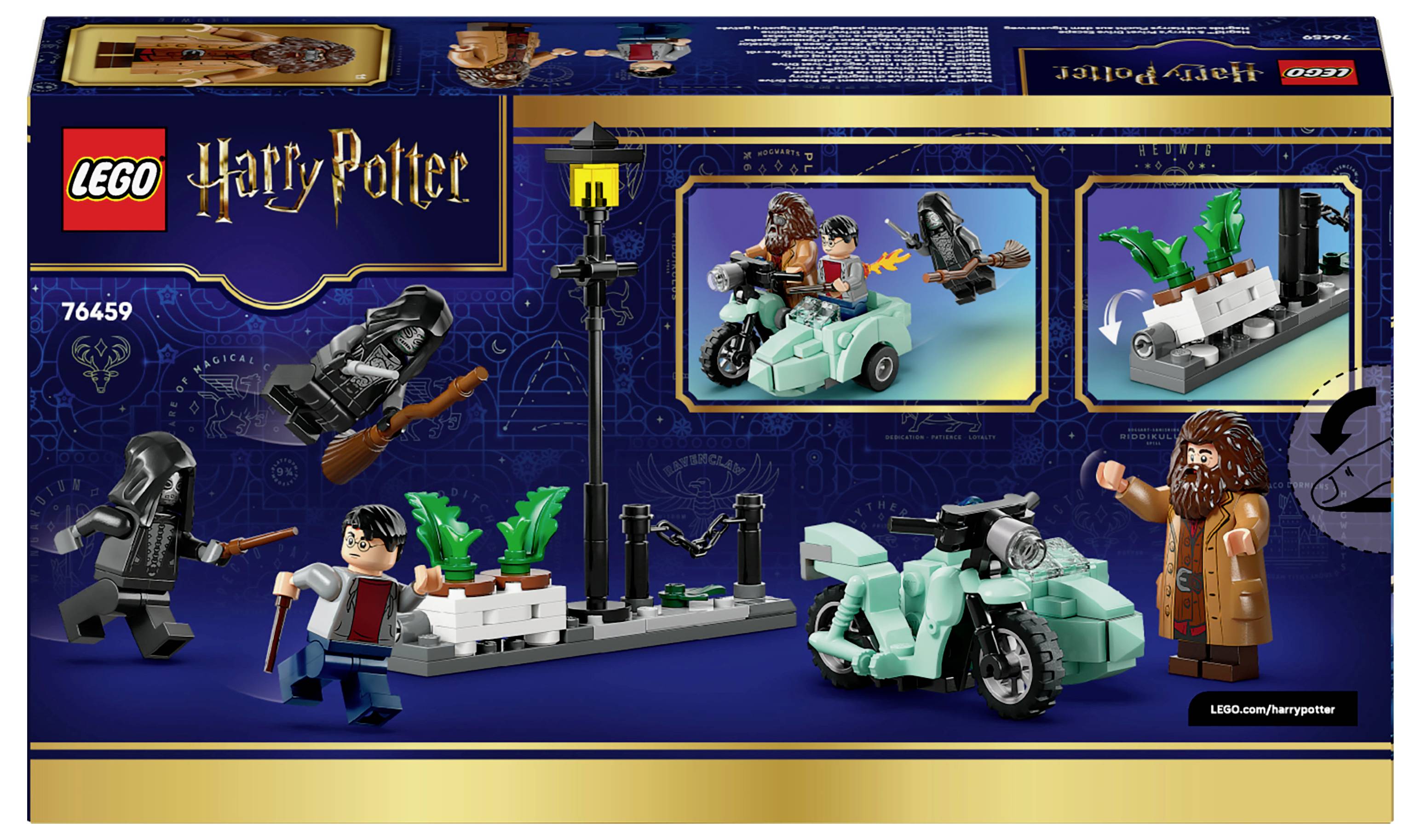 LEGO Harry Potter Set 76459 Schachtel mit Minifiguren, die ein türkisfarbenes Motorrad mit Beiwagen fahren, mit Straßenszene-Elementen.