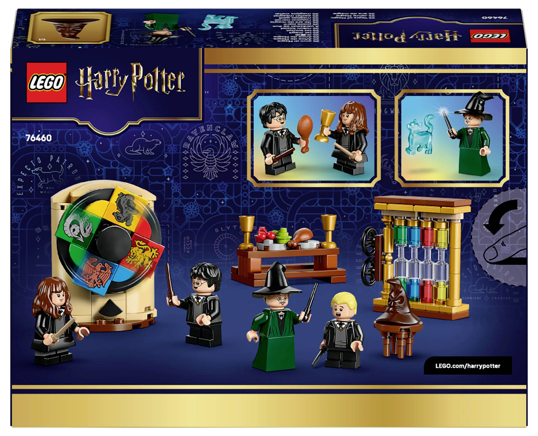 LEGO Harry Potter Set mit Minifiguren von Hogwarts-Charakteren, magischen Gegenständen und einem Sortierungshut. Enthält hausthematische Zubehörteile.