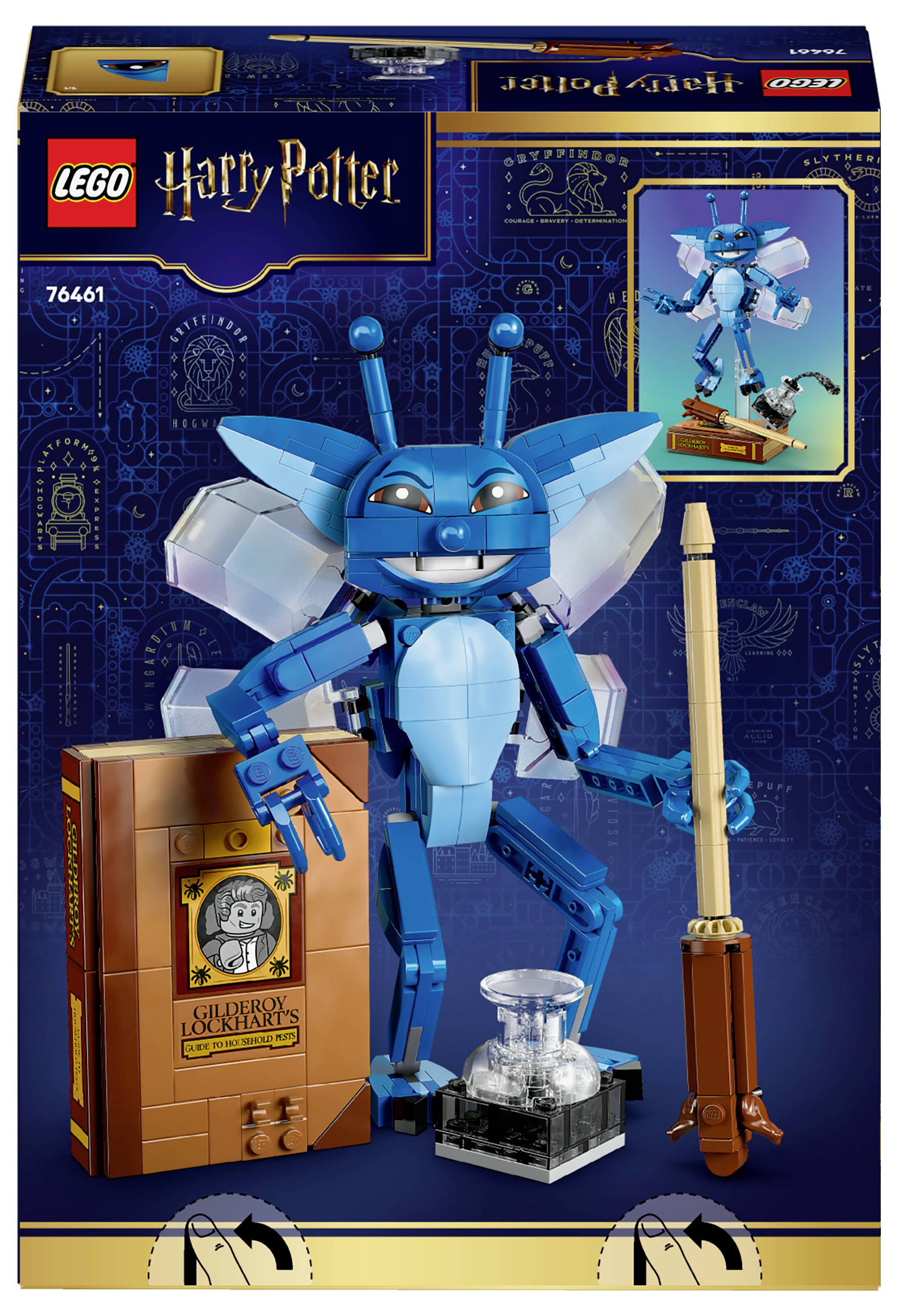 LEGO Harry Potter Geschenkset mit einer blauen mechanischen Figur, einem Besen, einem Buch und einem Zaubertrank-Glas auf der Verpackung.