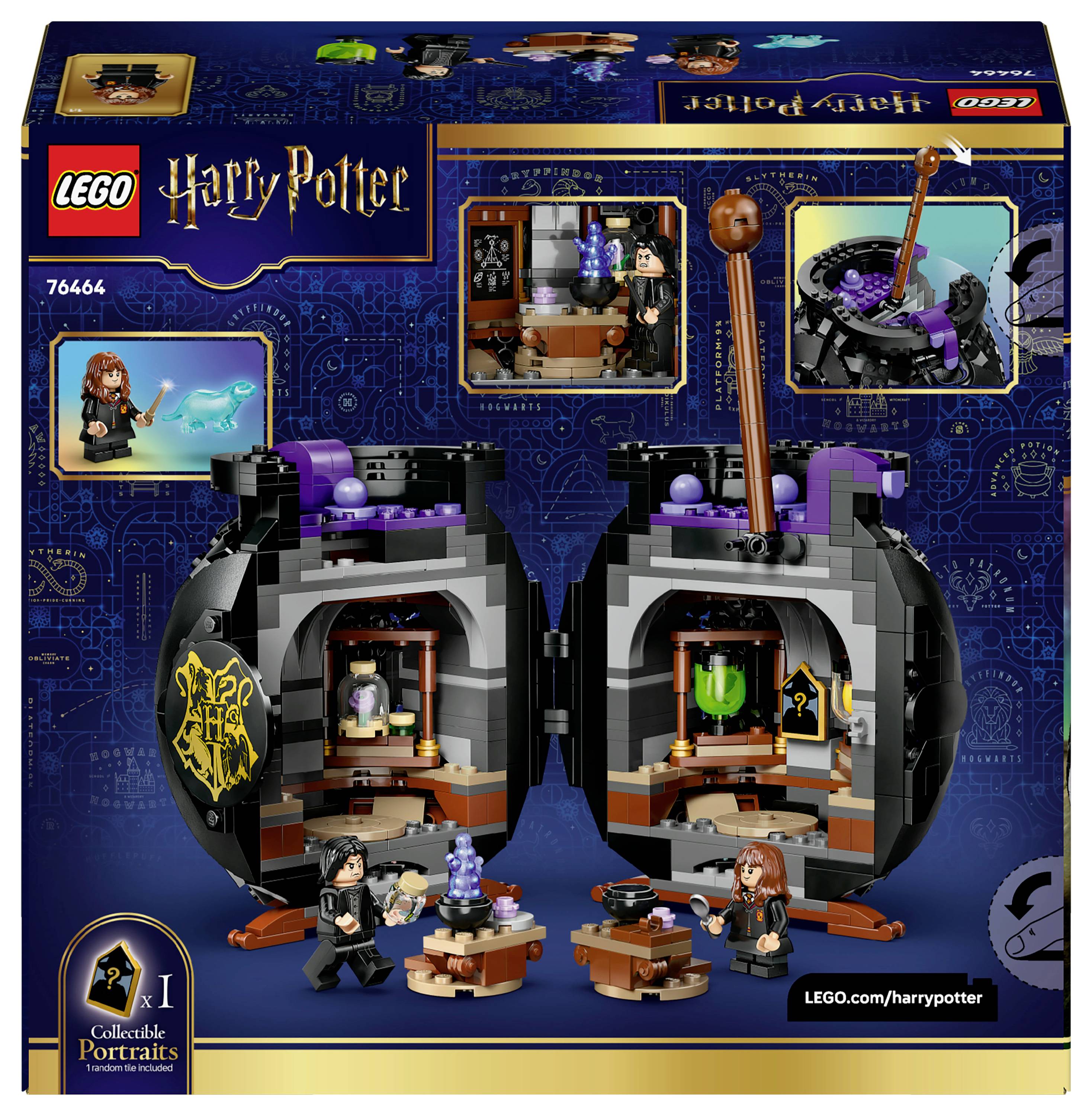 LEGO Harry Potter Set-Box zeigt eine magische Tränkeherstellungsszene in sphärischen Kammern mit zwei Minifiguren, einem Kessel und Trankflaschen.