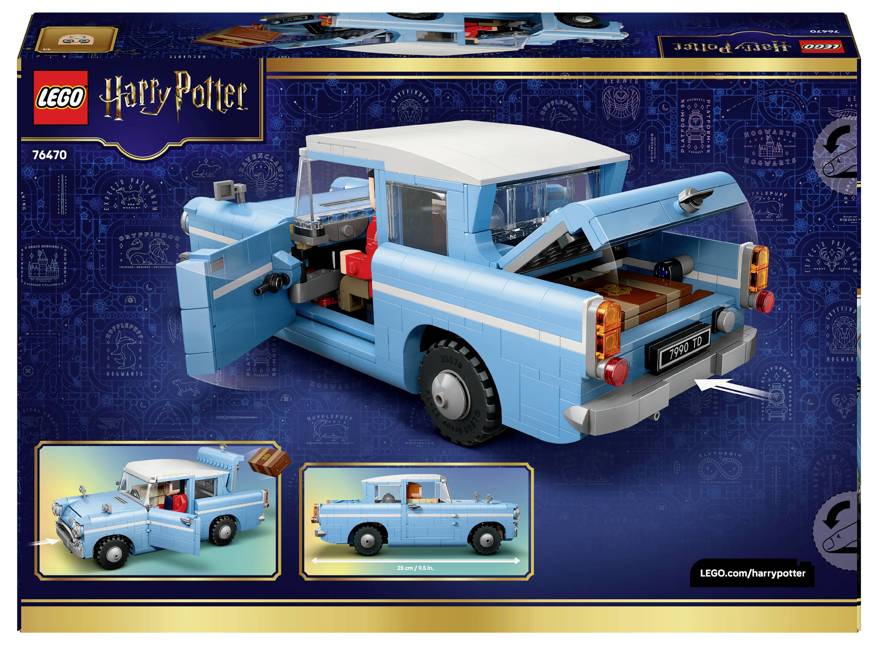 Schachtel des LEGO-Sets 'Harry Potter 76470' mit einem blauen LEGO-Auto. Die Türen und der Kofferraum des Autos sind geöffnet und zeigen Details des Innenraums.