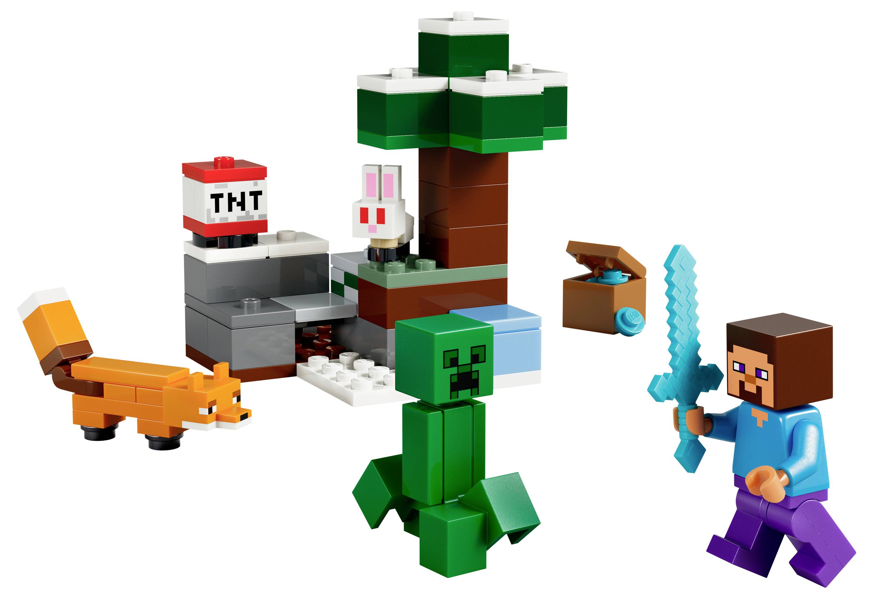 Eine eckige Figur mit einem blauen Schwert steht einem grünen Wesen nahe einem Baum gegenüber, wobei ein Fuchs und eine Truhe in der Nähe sind und eine verspielt wirkende Szene hervorrufen.