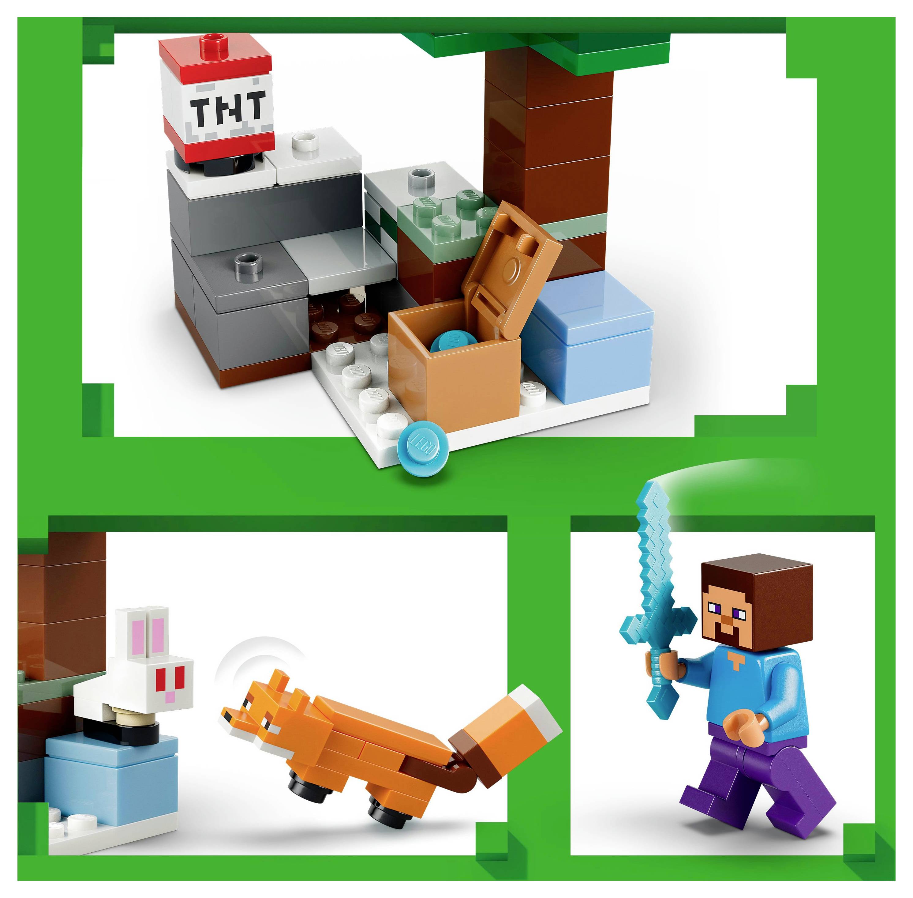 Lego-Set mit Minecraft-Figuren: Steve mit einem Schwert, einem Fuchs, einem Kaninchen und einem TNT-Block in der Nähe eines Baumes und einer Truhe.