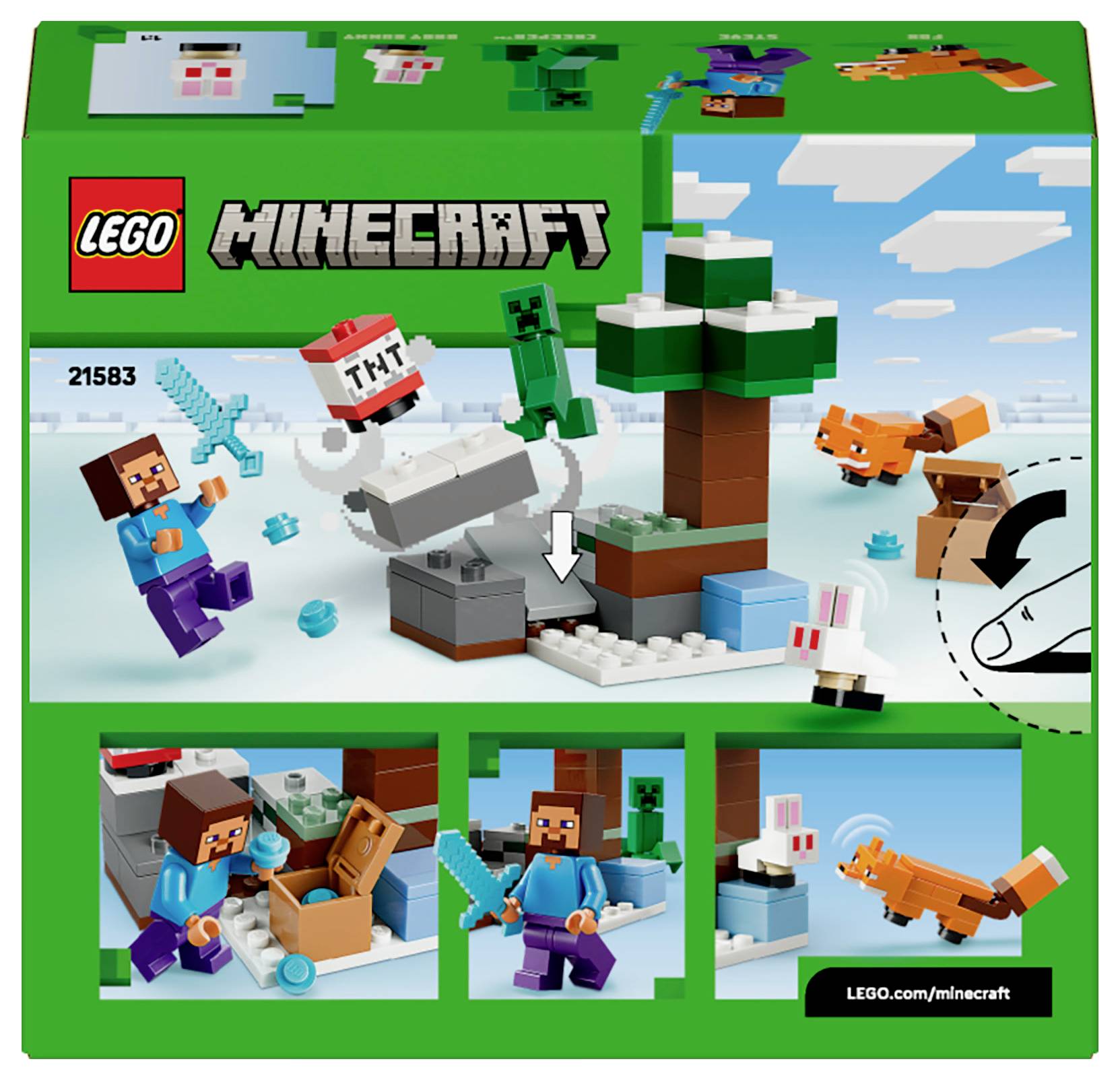 Lego Minecraft Set-Box mit einer eckigen Figur, einem Baum, einem TNT-Block und einem Fuchs in einer Minecraft-typischen Szene. Enthält Bauanleitungen.