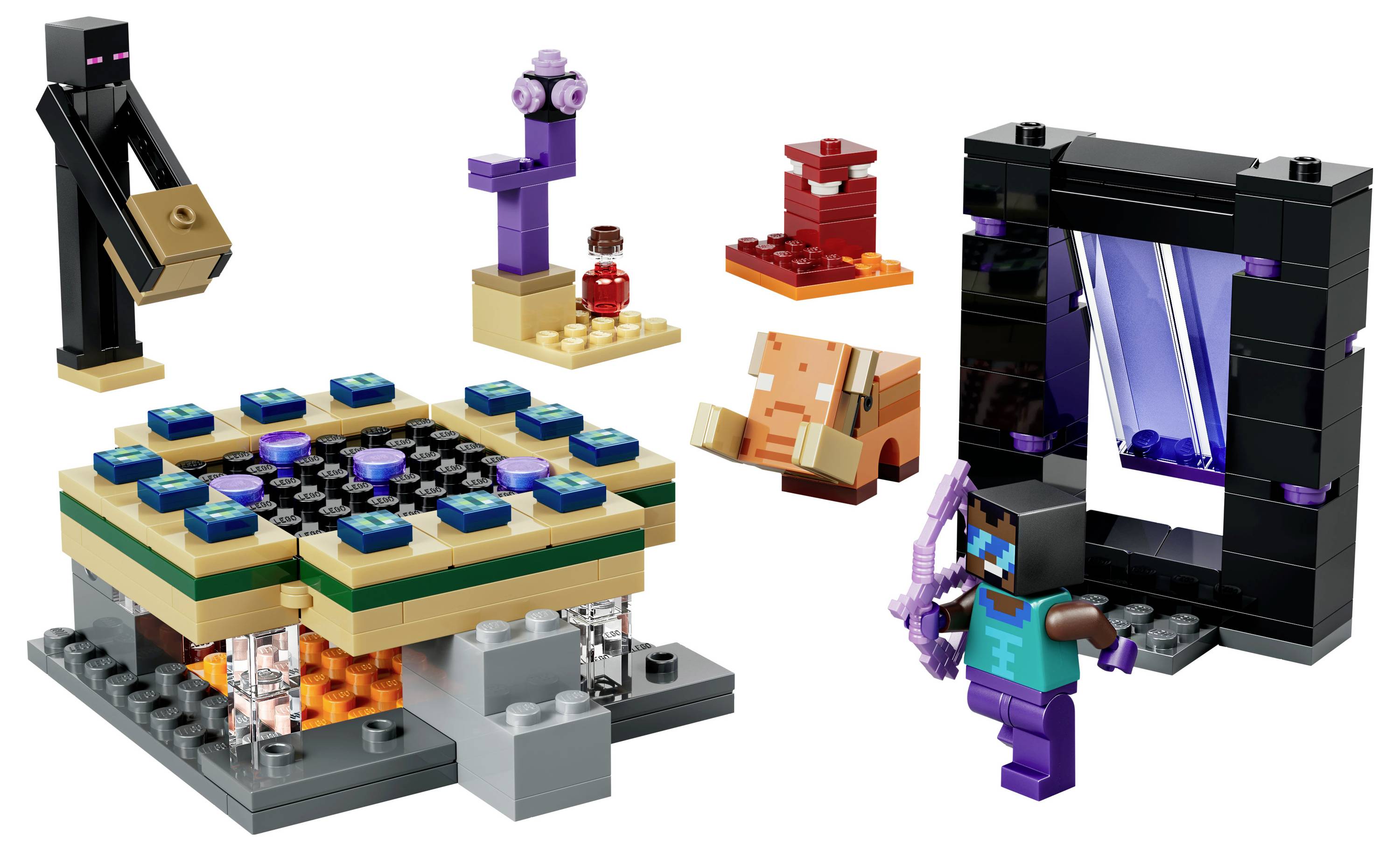 Lego-Set, das eine Szene inspiriert von einem Videospiel darstellt, mit einer Figur mit einem Bogen, einem Portal, Kreaturen und einem Trank auf verschiedenen Plattformen.