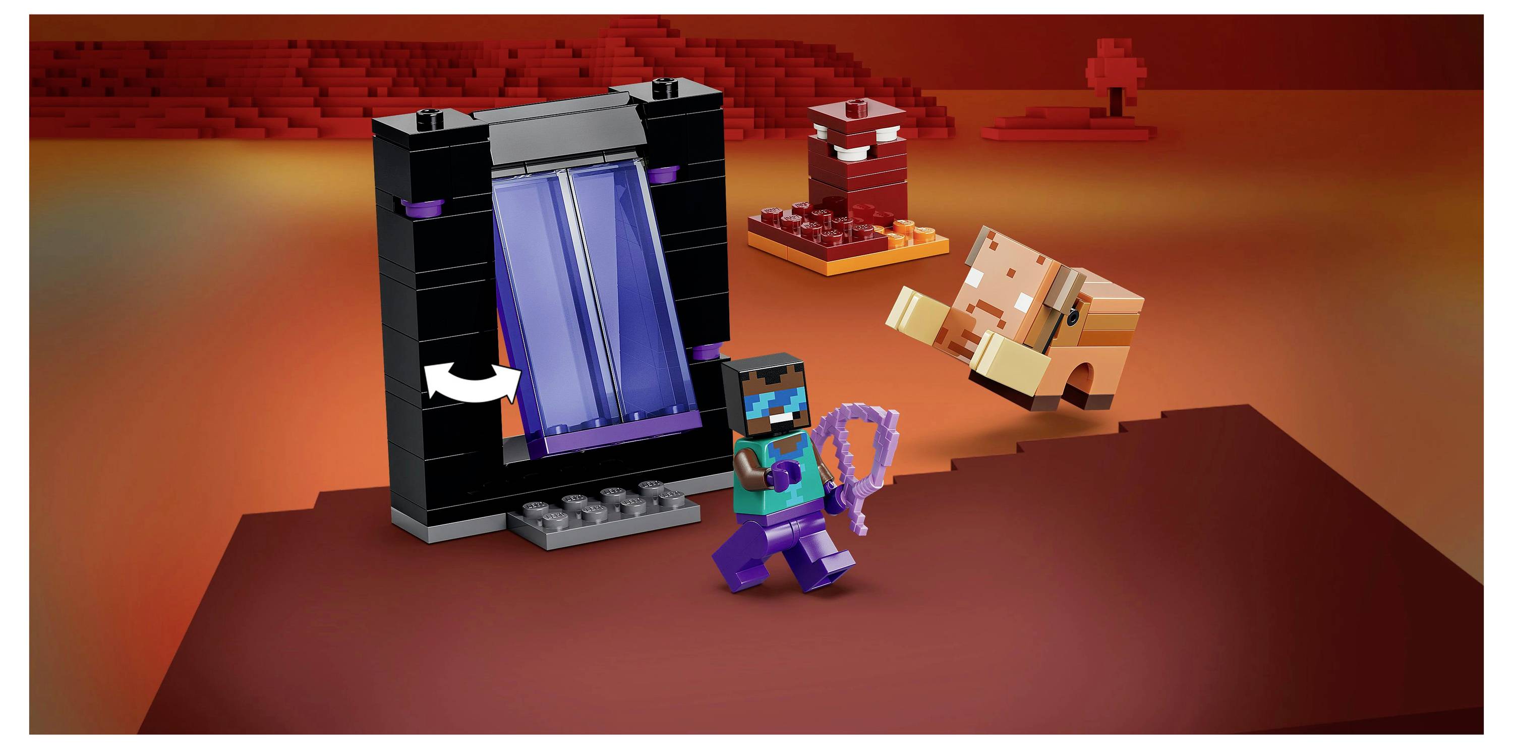 Eine eckige Figur hält eine Armbrust in einer pixeligen Welt und steht neben einer Portalschwelle, während im Hintergrund eine schweineartige Kreatur zu sehen ist.