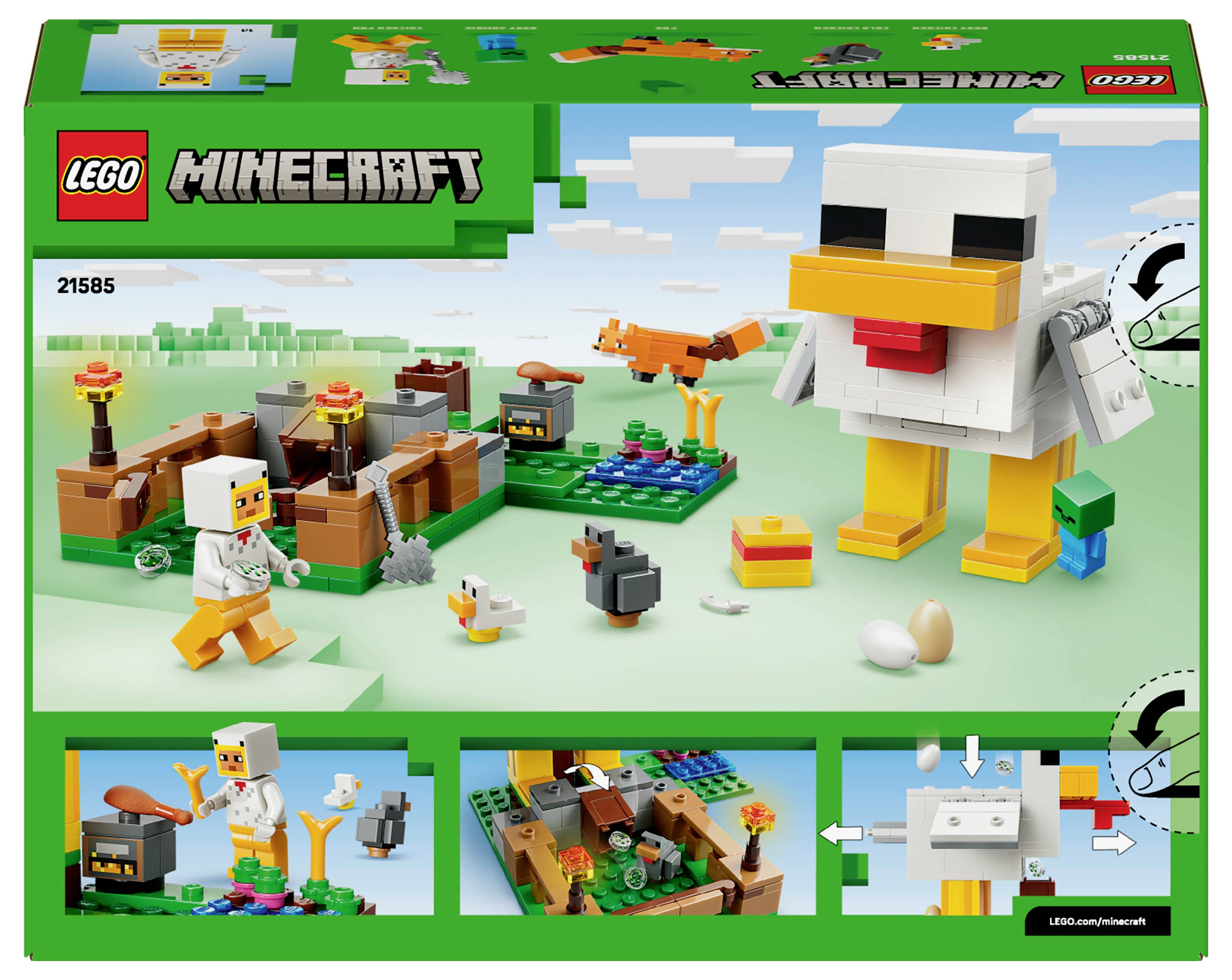 LEGO Minecraft Set mit einem Hühnerhof, einer riesigen Henne, Minifigur, kleinen Tieren und Zubehör. Set-Nummer 21585.