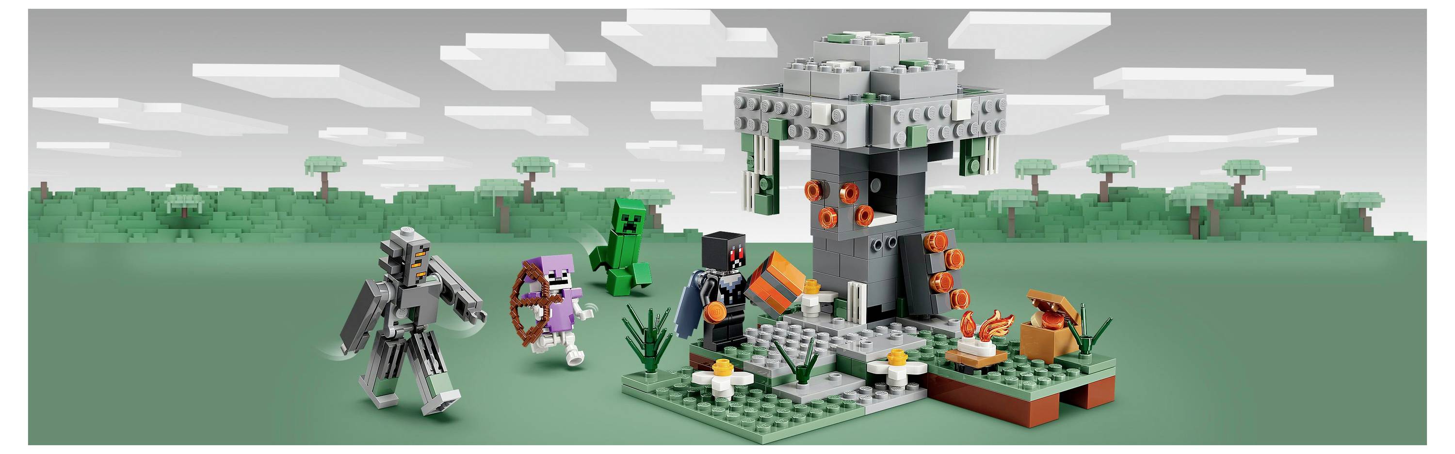 LEGO-Szene mit stilisiertem Baum, Figuren und Tieren auf einer Graslandschaft. Eine Figur nähert sich mit einer orangefarbenen Fackel und deutet auf ein Abenteuer hin.